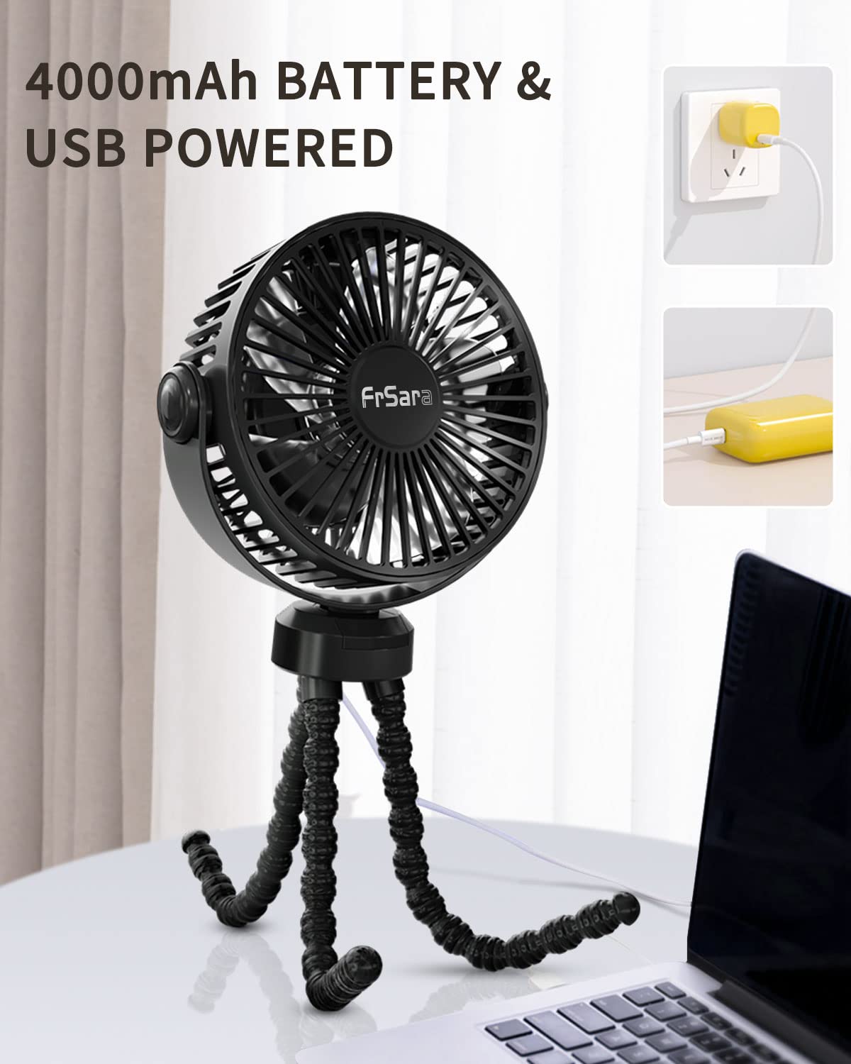 Portable Baby Stroller Fan with 4000mAh Battery - 3-Speed Adjustable, Quiet & Safe Clip-On Fan for Strollers, Car Seats, Desks, Bicycles & Camping - Perfect for Travel, Outdoor Activities & Nursery Use