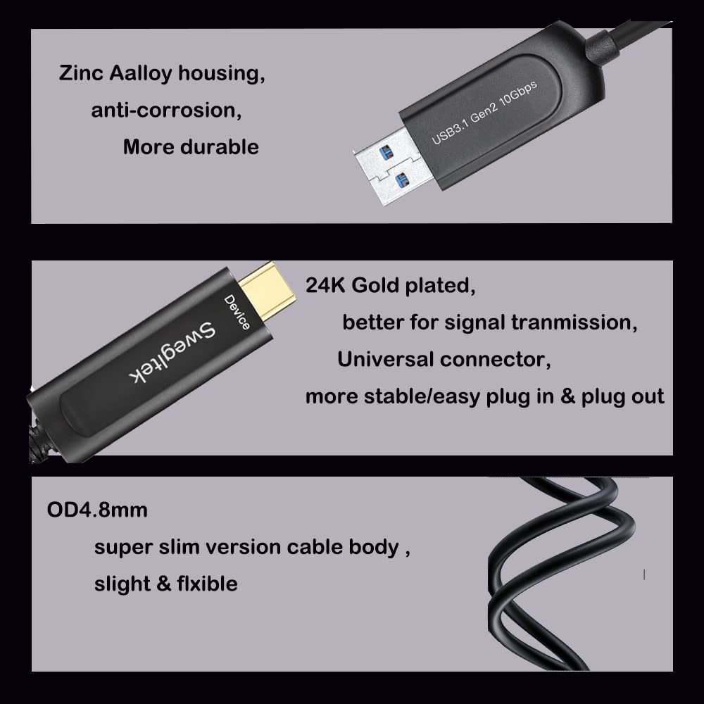 High-Speed 33ft USB A to USB C Fiber Optic Cable 10Gbps - Compatible with Industrial Cameras, Medical Equipment, Printers & Gaming Controllers - Perfect for Machine Vision, Security Systems & Broadcast Studios