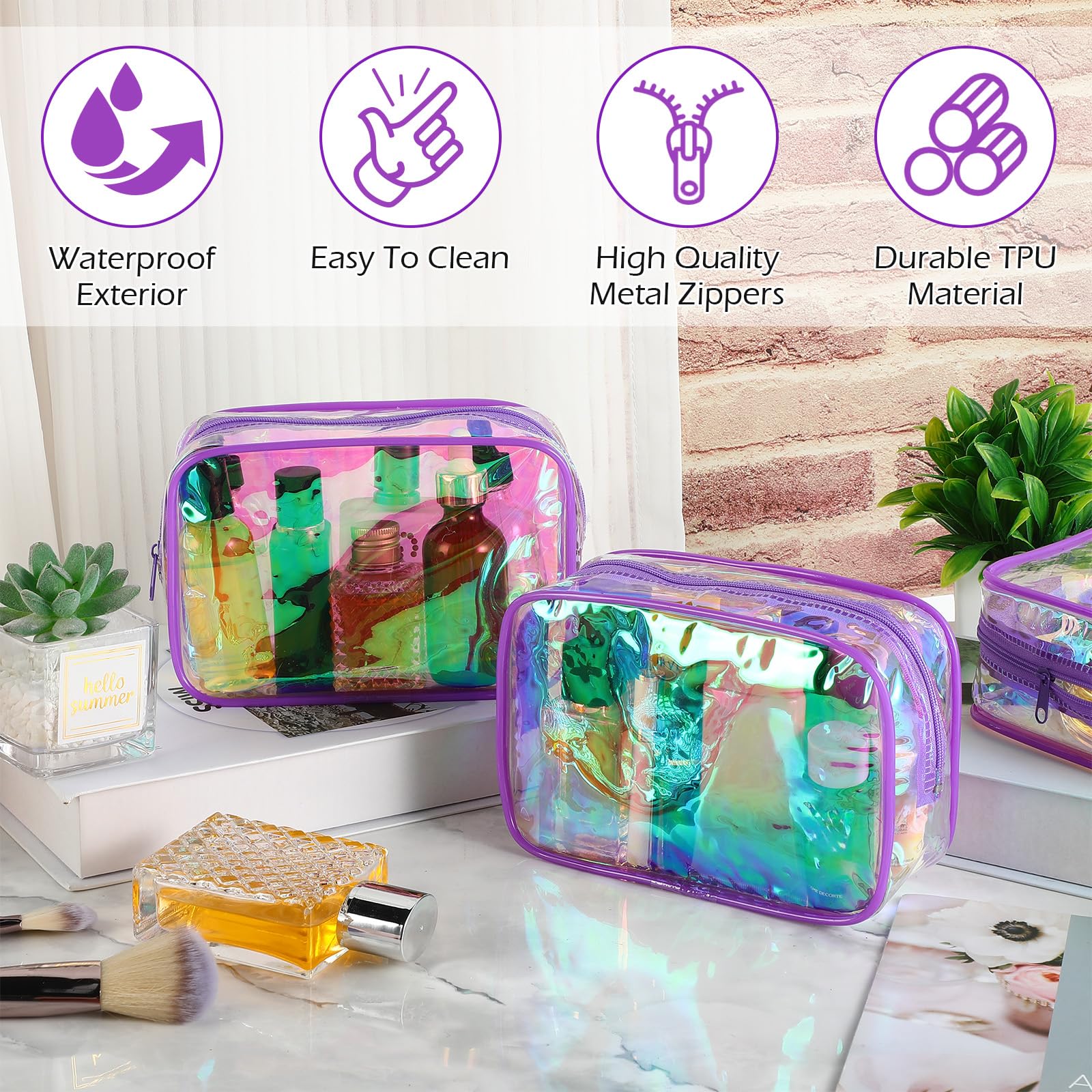 Saintrygo 18 Pack Clear PVC Makeup Bags 7x5 Inches - Waterproof Cosmetic & Toiletry Organizer with Zipper for Women & Men - Travel, Vacation, Gym, Bathroom Storage (Neon Colors, Purple Trim)