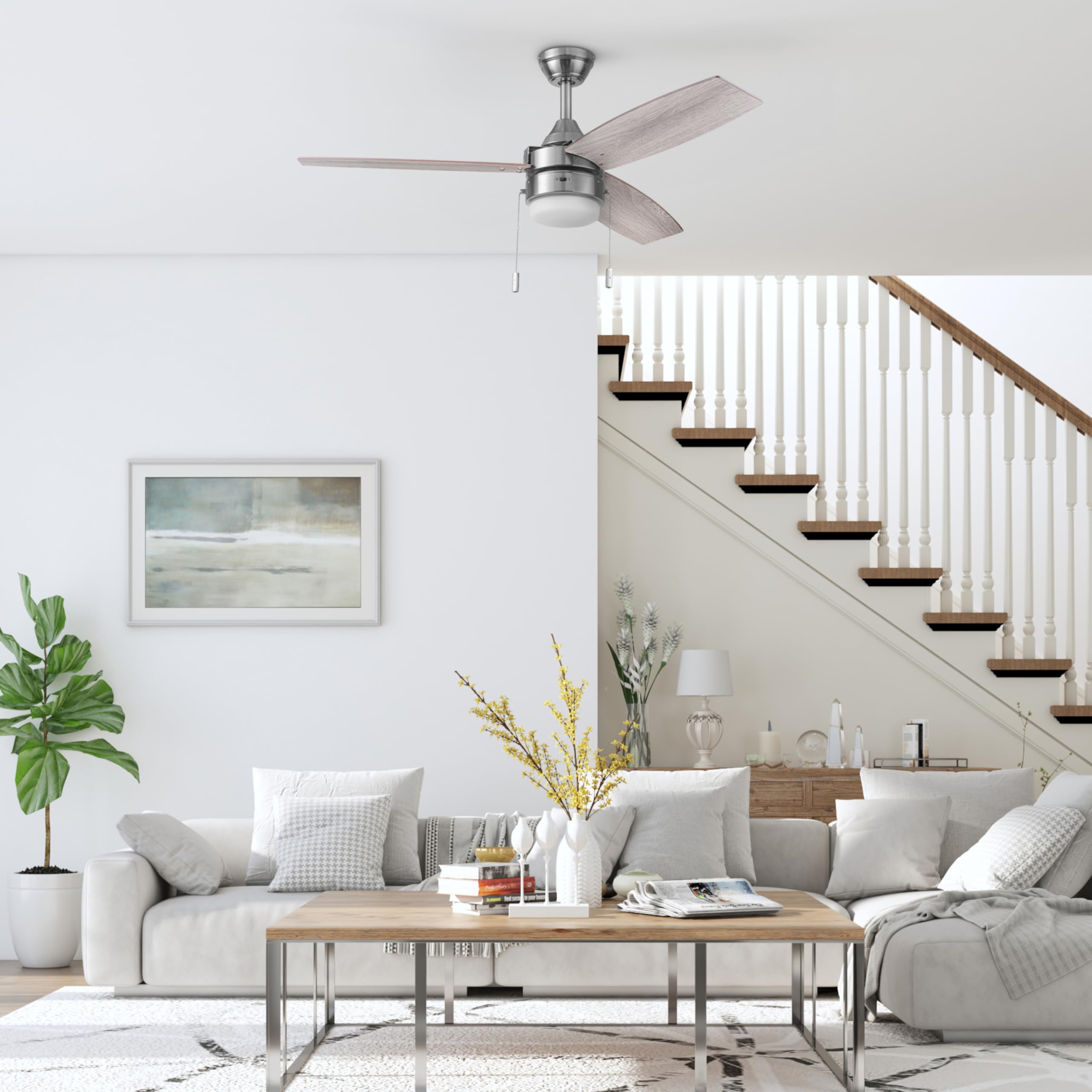 Honeywell 48 Inch Ceiling Fan with Color Changing LED Light, Pull Chain, Dual Mounting Options, 3 Reversible Blades - Brushed Nickel | Indoor Cooling for Living Room, Bedroom & Patio