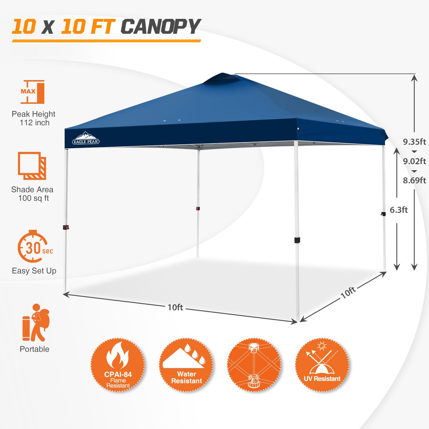 EAGLE PEAK 10x10 ft Pop Up Canopy Tent with Wheeled Carry Bag - Includes 8 Stakes, 4 Ropes & 4 Weight Bags - Easy Setup Instant Shade Shelter for Outdoor Events, Beach, Camping & Backyard (100 sq ft, Dark Blue)