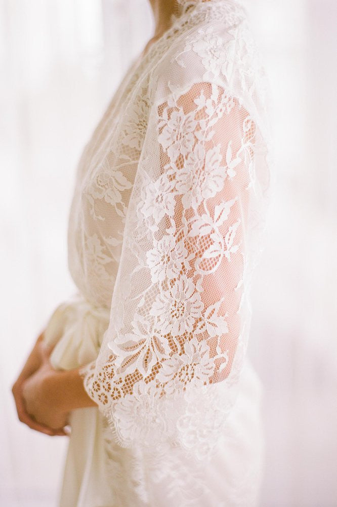 Swan Queen Elegant Silk & Lace Kimono Robe - Ivory Lined Style 104SH for Bridal Shower, Honeymoon & Luxury Loungewear