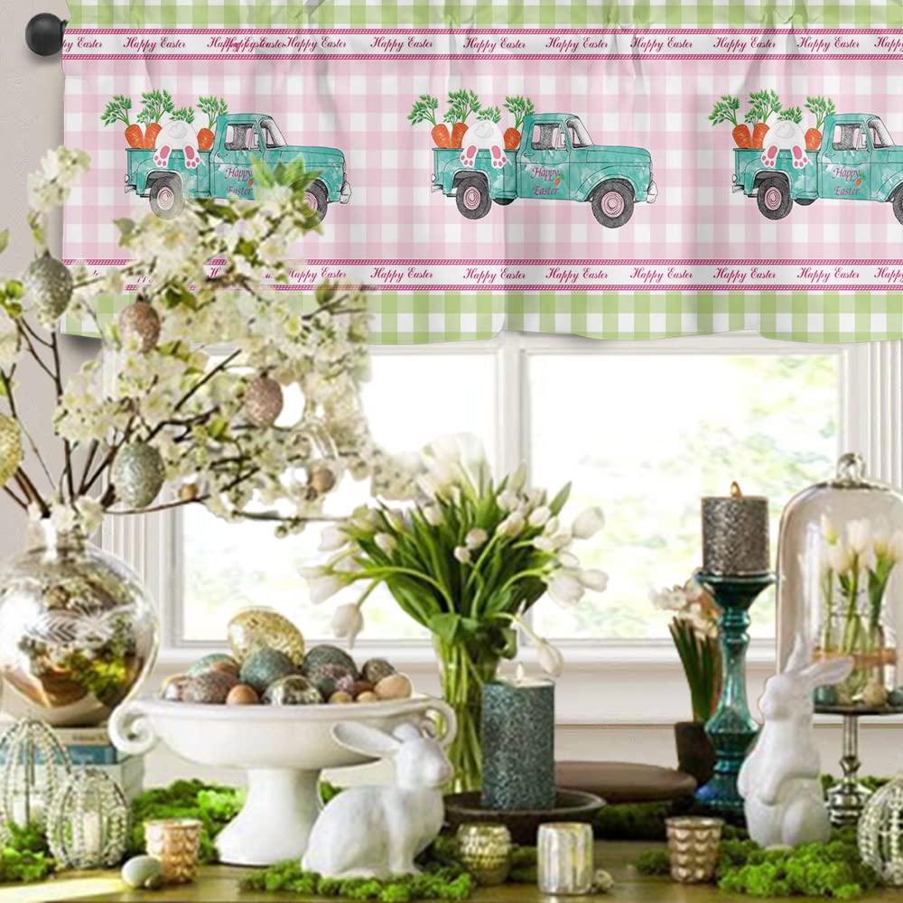 Funny Bunny Butt Farm Truck & Carrot Easter Window Valance - Pink Green Plaid Kitchen Short Curtains with Rod Pocket for Living Room, Bedroom & Bathroom Decor | Spring Home Decoration & Seasonal Window Treatments