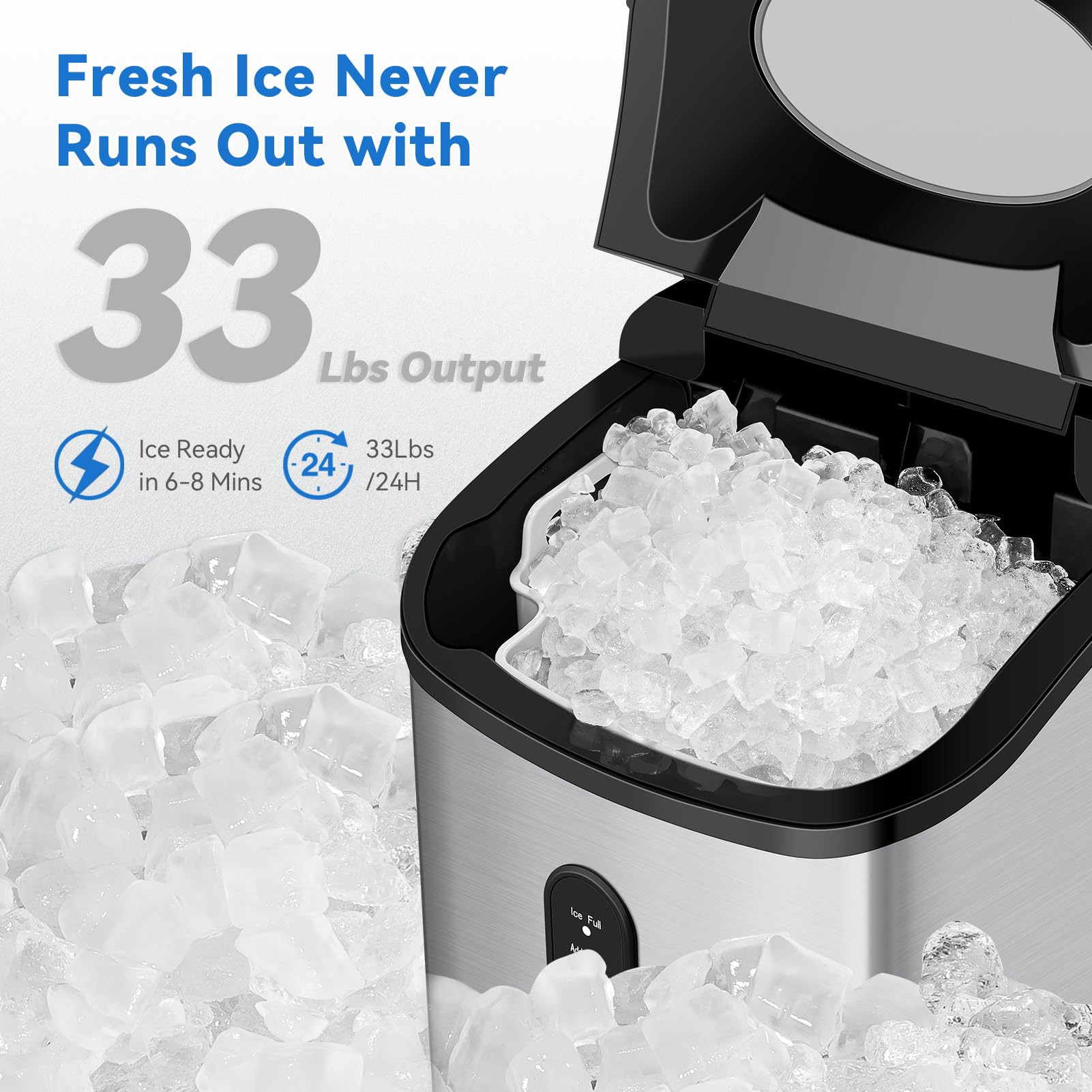 Garvee Compact Nugget Ice Maker - 33 lbs/Day Countertop Pellet Ice Machine with Soft Chewy Ice, Scoop & Basket - Fast 6-Minute Ice Making, One-Click Operation, Quiet Home Use - Perfect for Cocktails, Sodas, and Home Entertaining