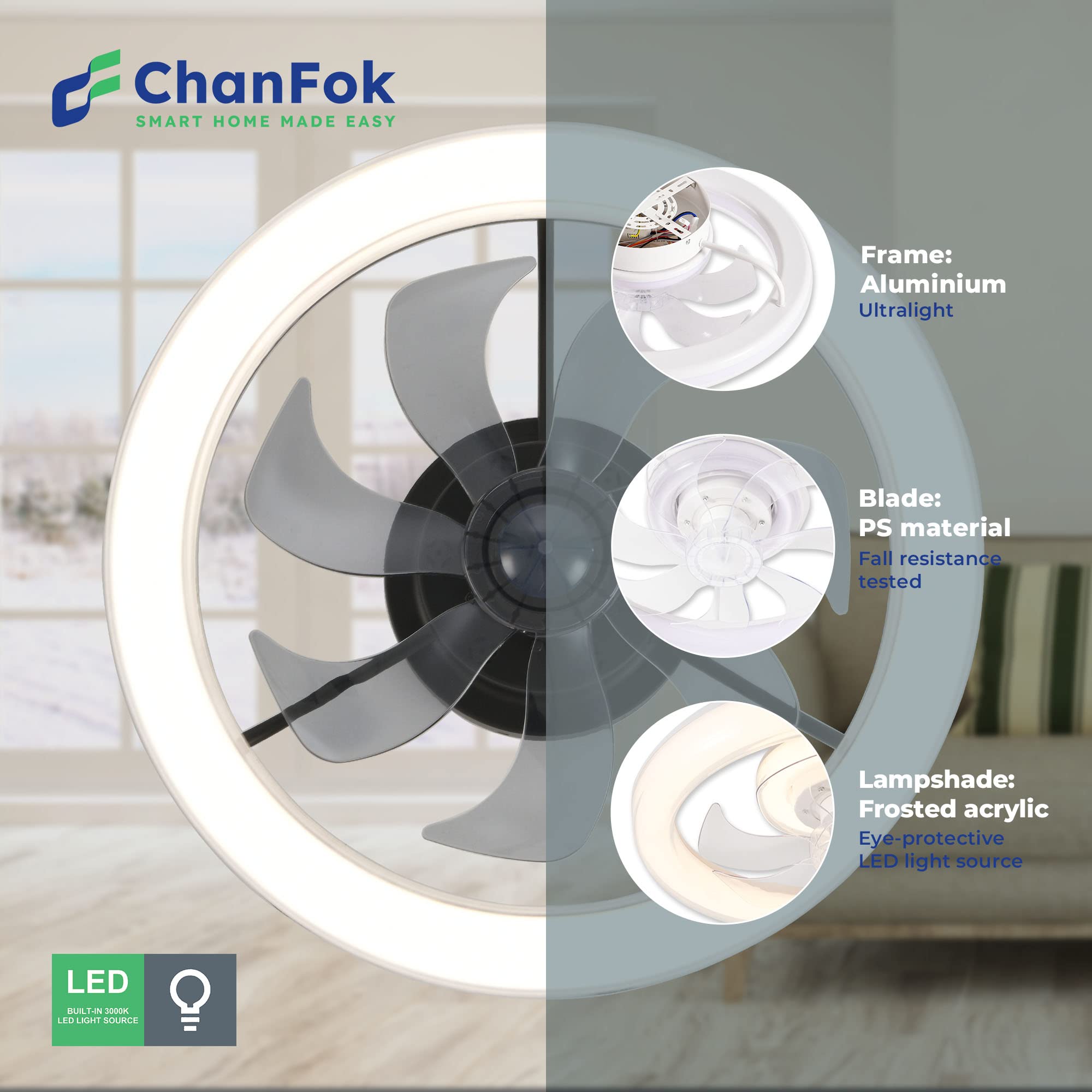 CHANFOK 20 Inch Low Profile Flush Mount Ceiling Fan with Dimmable LED Light, 6 Speed Reversible Blades, Remote & Smart App Control - Perfect for Bedroom, Living Room, and Office (Black)
