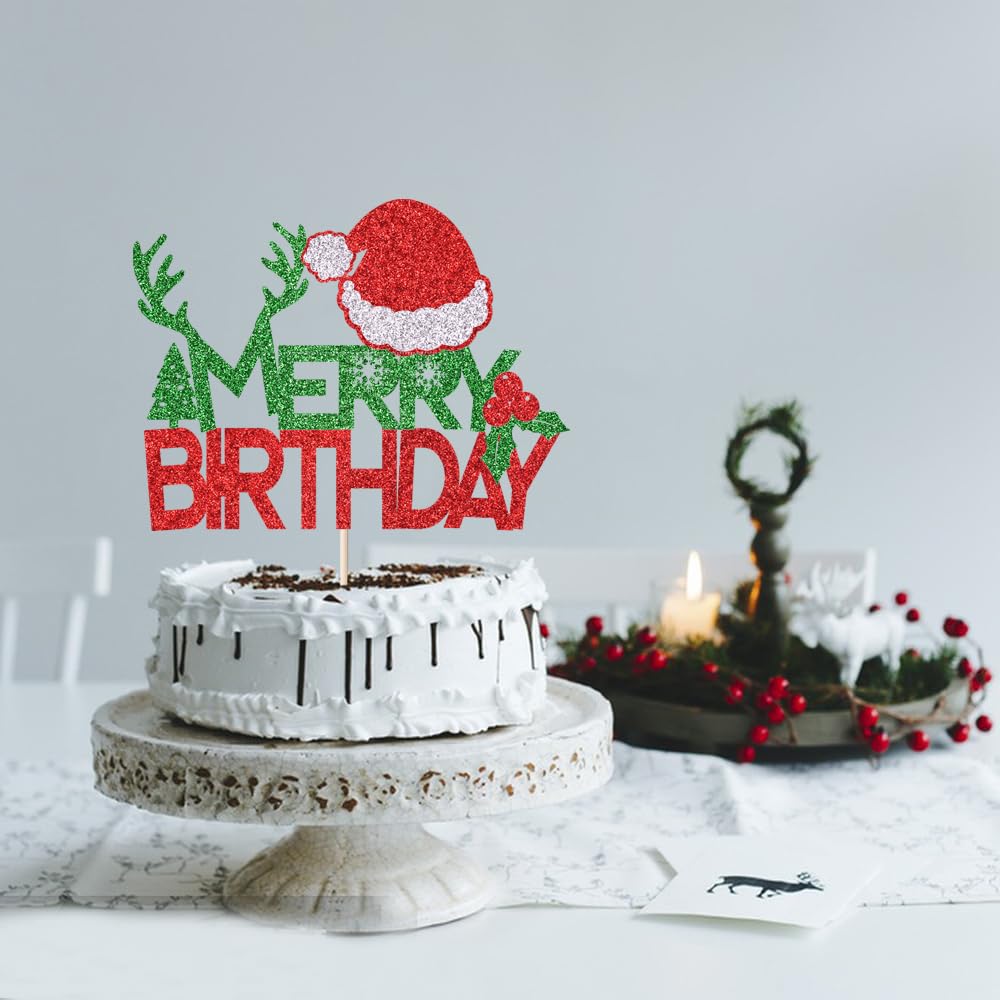 Merry Birthday Cake Topper - Red & Green Glitter Christmas Cake Decorations for Holiday Parties | New Year, Christmas, Winter & Baby Shower Celebration Supplies | Perfect for Christmas Desserts, Birthday Cakes & Festive Gatherings