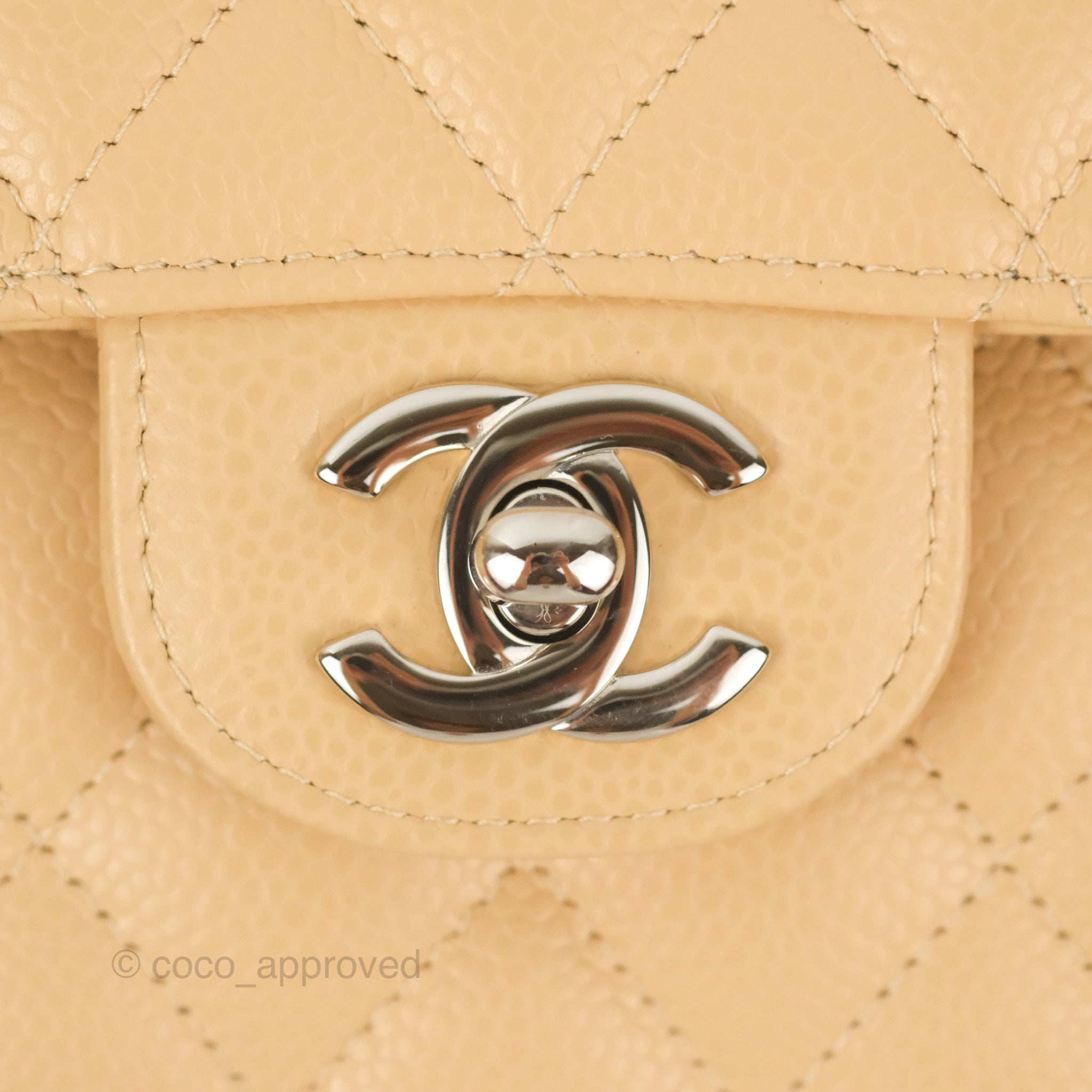 Chanel Classic Medium Flap Bag Quilted Beige Caviar Leather with Silver Hardware - Perfect for Everyday Luxury & Special Occasions