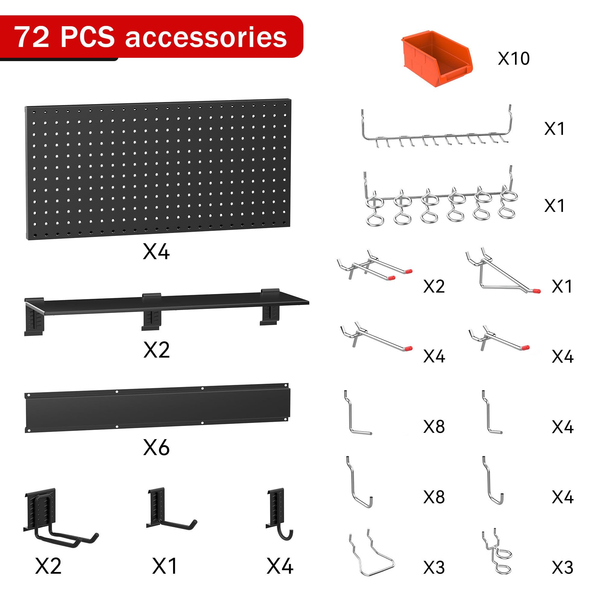 Ultrawall Black Pegboard Wall Organizer - 48x36 Inch Garage Storage System with Hooks, Bins & Tool Panel (72-Piece Set) - Perfect for Workshop, Garage & Home Organization