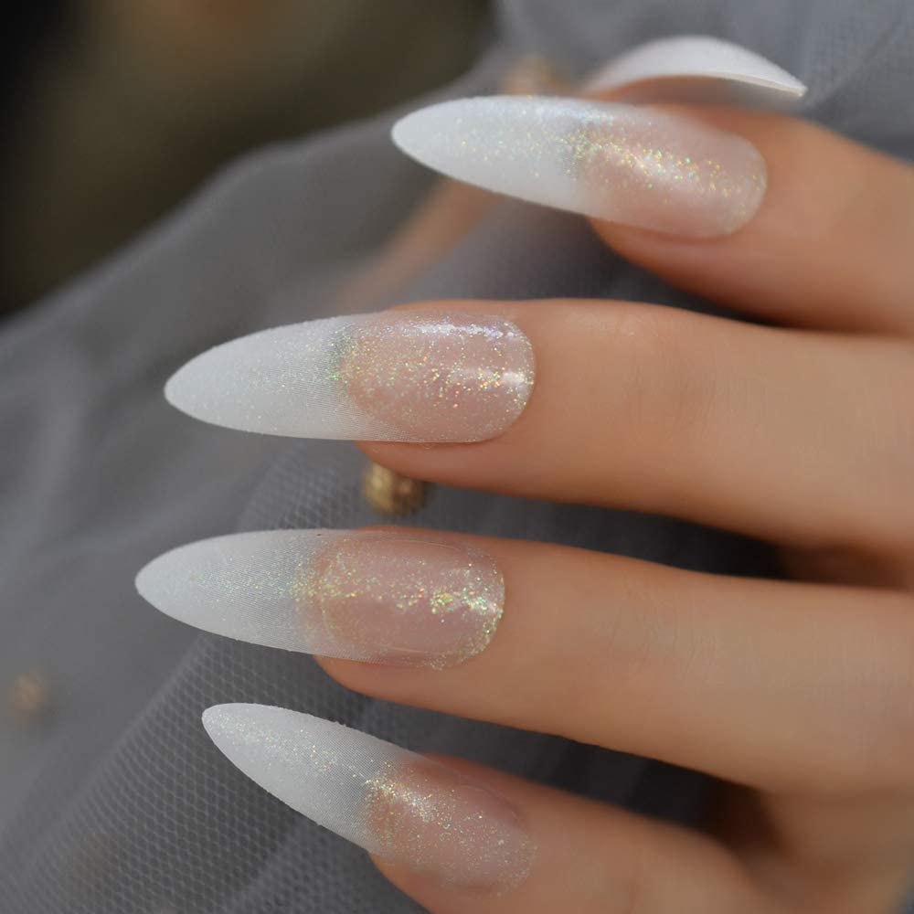 Extra Long Shimmer Glitter White French Press On Nails - Pre-Designed Fake Nails with Jelly Stickers for Easy Application | Perfect for Parties, Weddings & Special Occasions