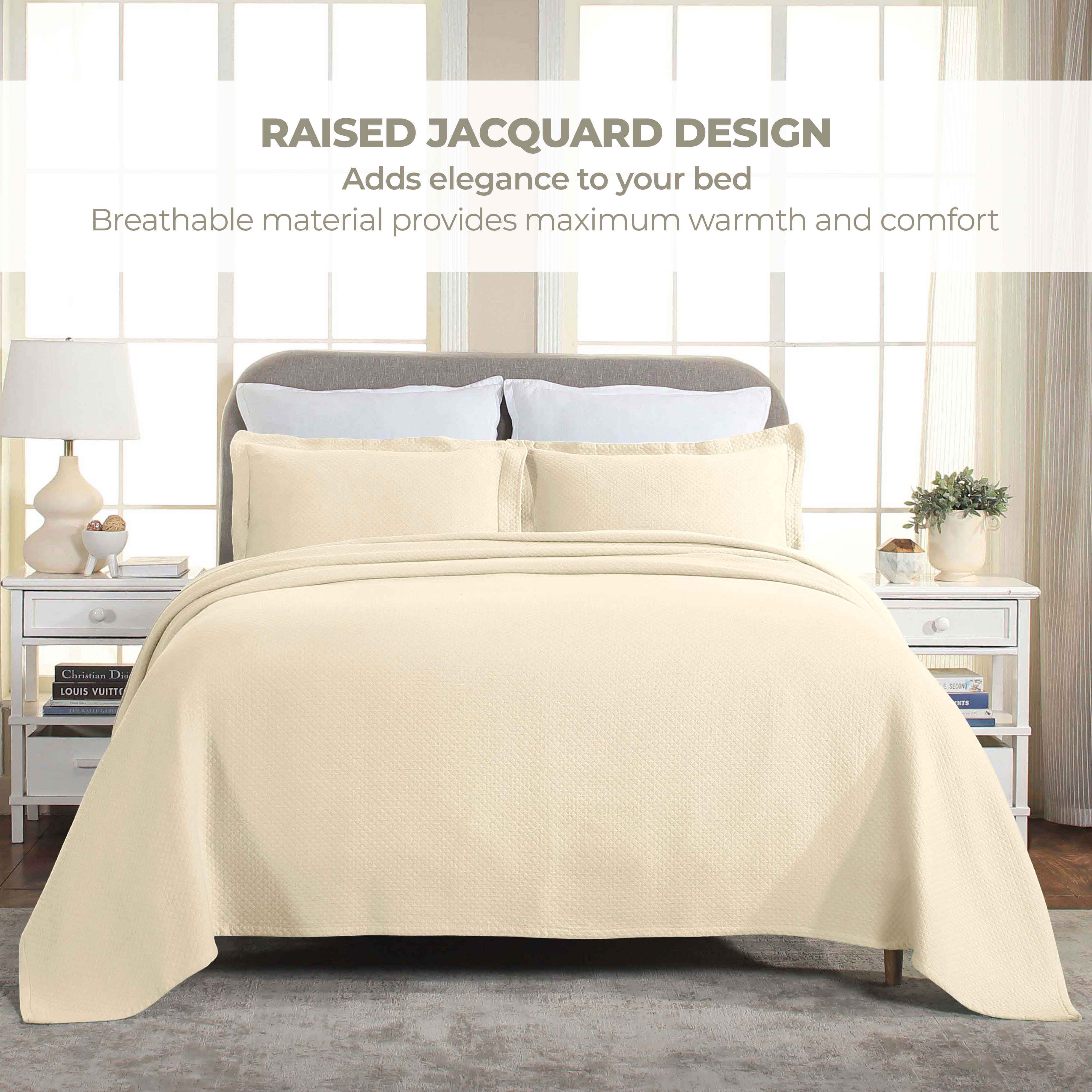 Luxury Jacquard Matelassé Cotton Diamond Solitaire Bedspread Set - Queen Size Bedding Coverlet for Master Bedroom, Guest Room & Hotel Decor