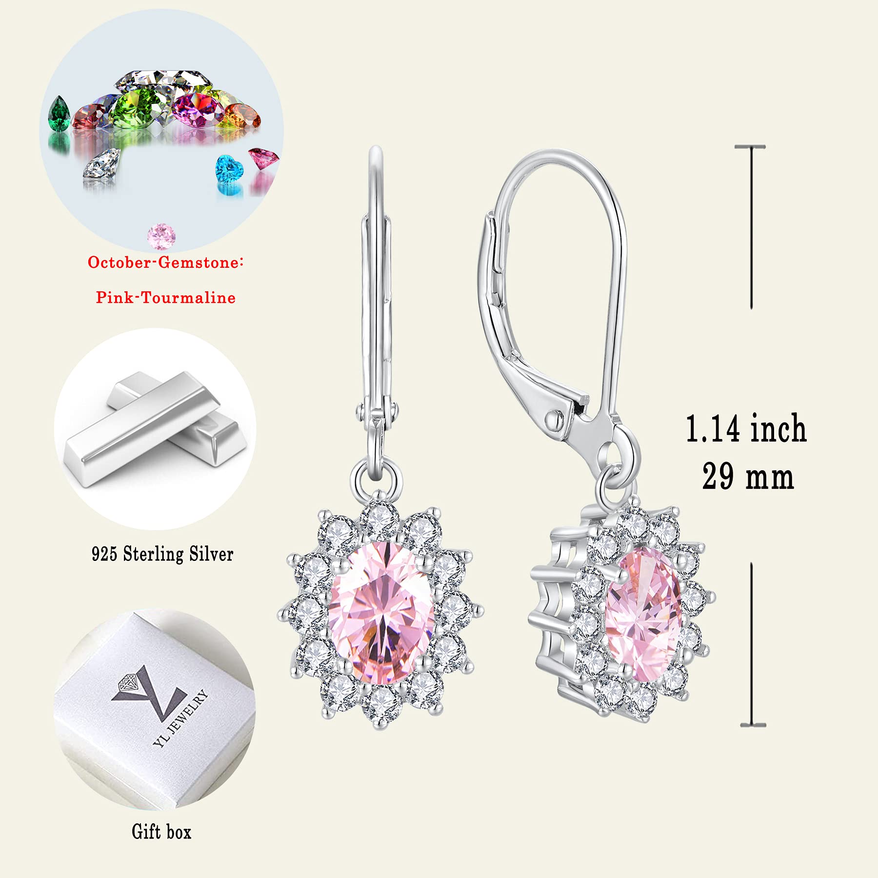 YL Sterling Silver Halo Princess Diana Leverback Drop Earrings for Women - Birthstone Jewelry Gift for Anniversary, Birthday & Special Occasions
