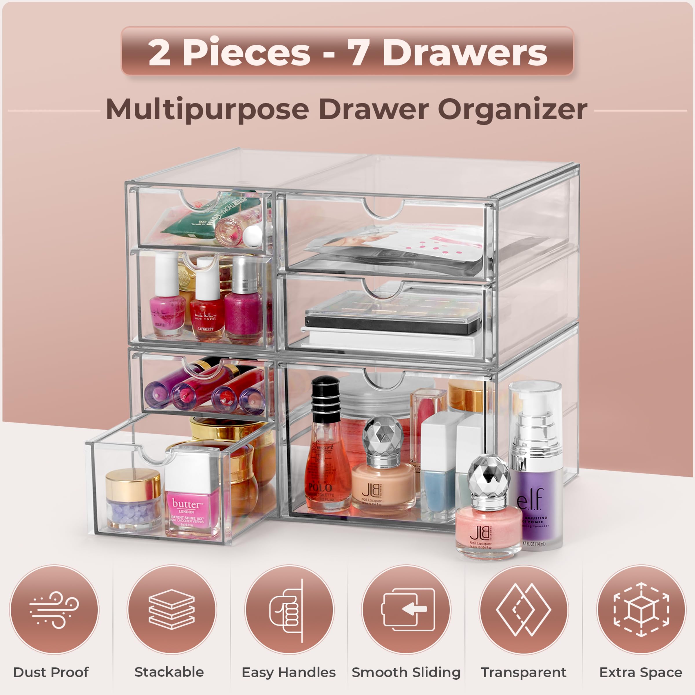 Sorbus 7-Drawer Acrylic Makeup Organizer - Stackable Clear Storage Bins for Cosmetics, Office Supplies, Jewelry & Stationery (2-Piece Set) - Perfect for Vanity, Bathroom & Closet Organization