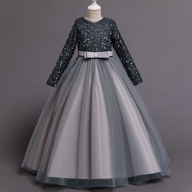 Sparkly Sequined Tulle A-Line Flower Girl Dress with V-Neck & Long Sleeves - Perfect for Weddings, Pageants & Special Occasions