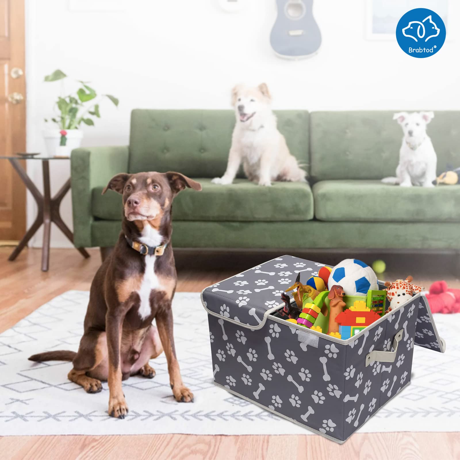 Durable Large Dog Toy Storage Box with Lid - Collapsible Canvas Pet Organizer Basket for Toys & Supplies (17