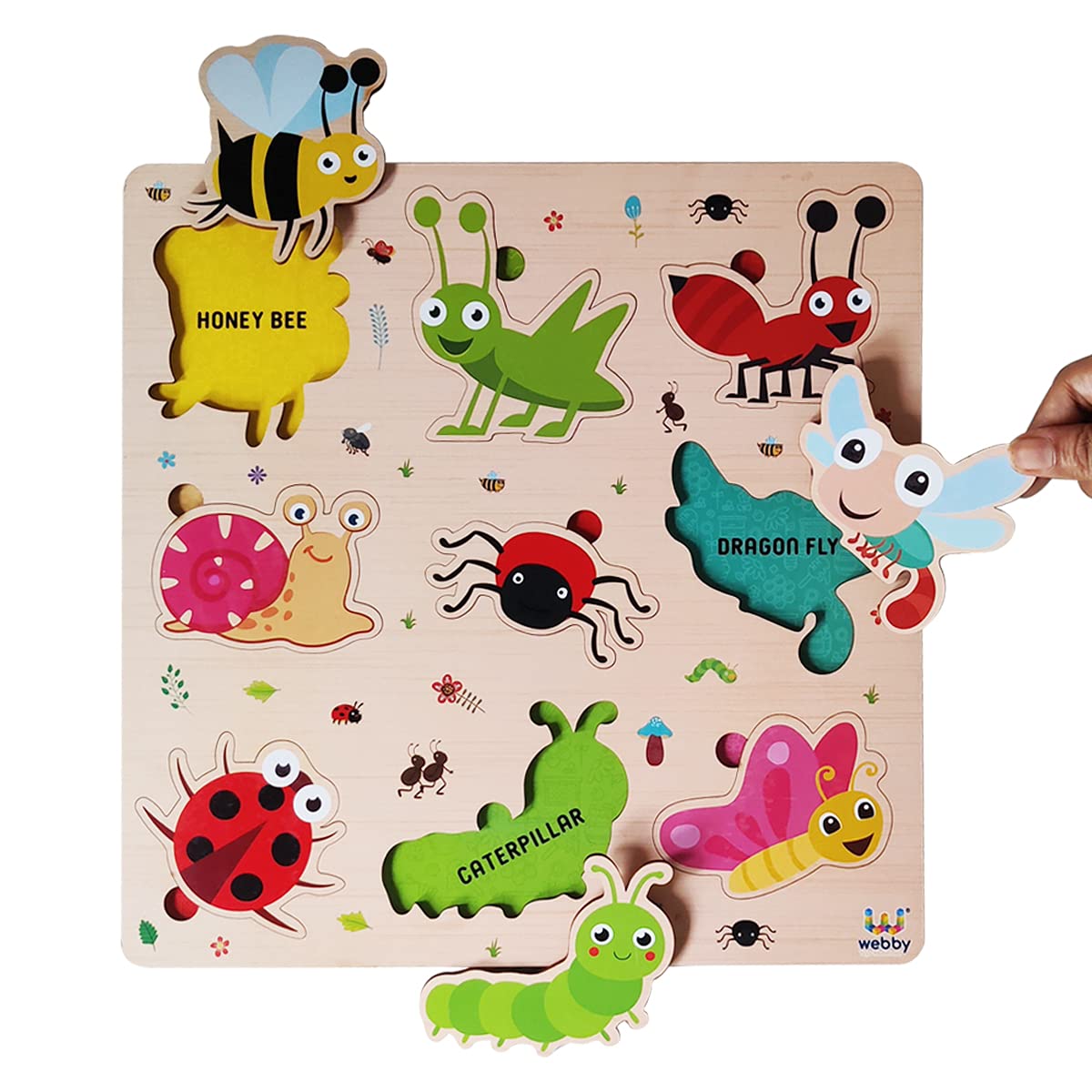 Webby Wooden Insects Montessori Educational Puzzle Board Toy for Kids - Preschool Learning & Fine Motor Skills Development - Perfect for Homeschooling & Classroom Activities