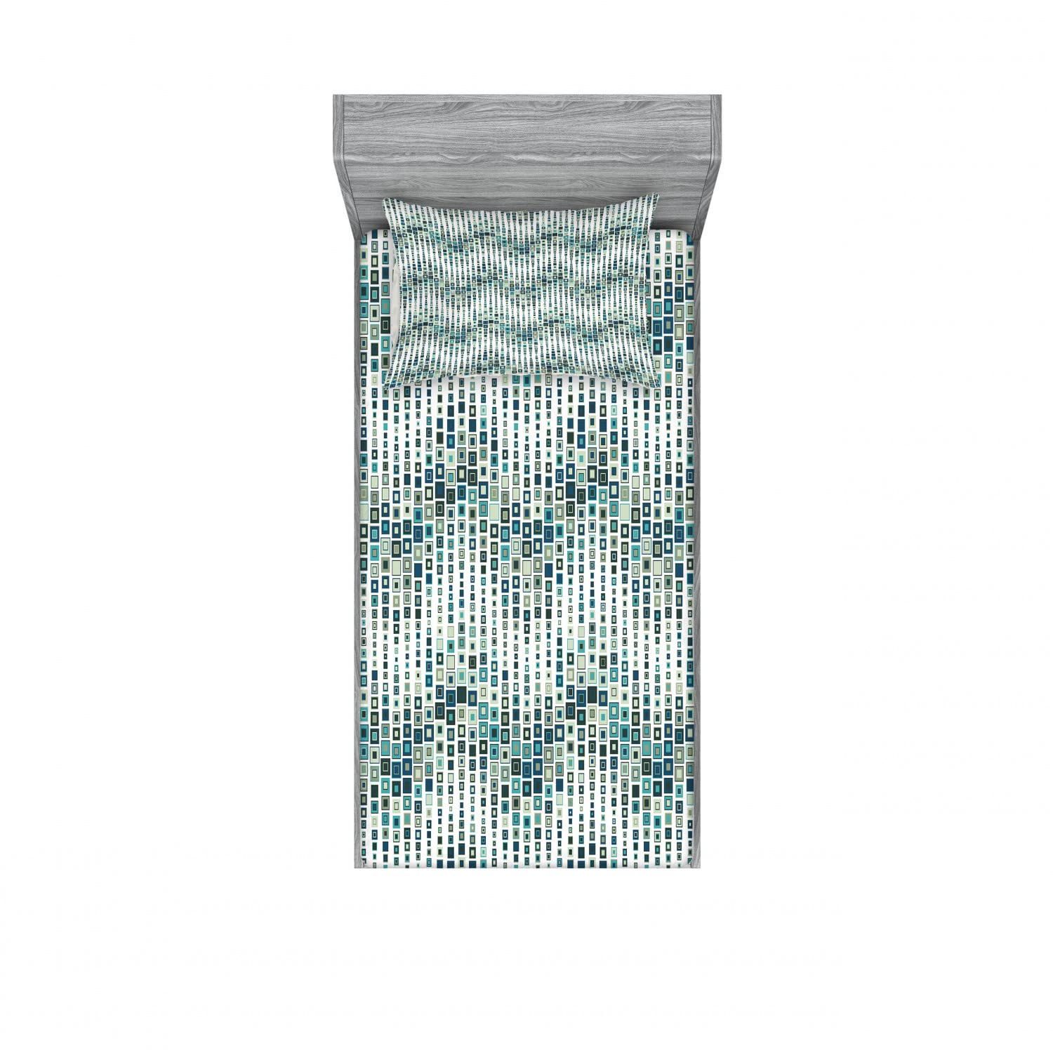 Ambesonne Geometric 2-Pack Twin XL Fitted Sheet & Pillow Sham Set - Wave Square Pattern, 4-Piece Bedding Set (2 Fitted Sheets & 2 Pillow Covers) in White & Blue - Perfect for Dorm Rooms, Guest Beds & Modern Home Decor