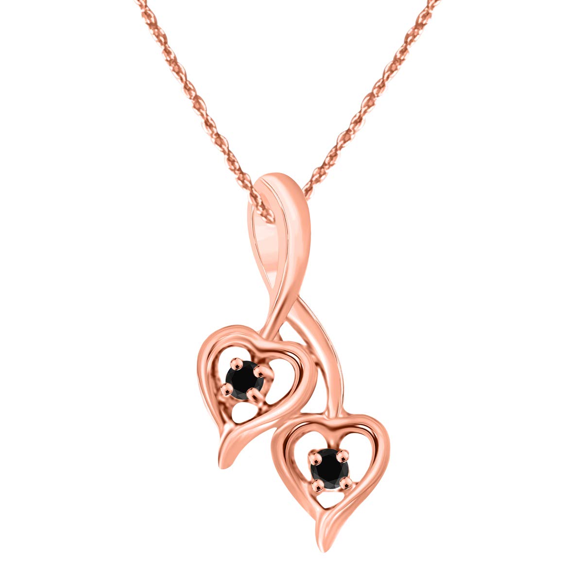 1.00 Carat Black Diamond Double Heart Pendant Necklace - 10K Solid Rose, White & Yellow Gold - Perfect Valentine's Day Gift for Her - Anniversary, Engagement & Romantic Occasions
