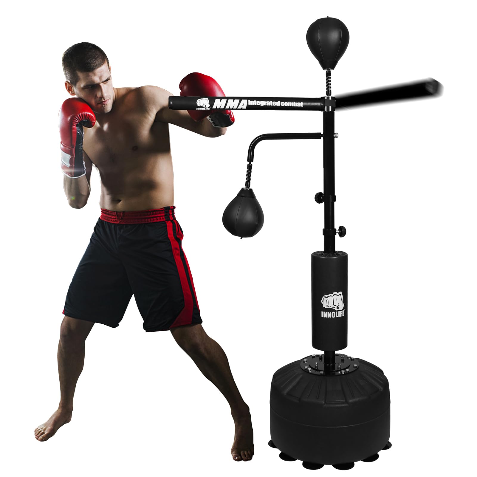 82IN Boxing Speed Trainer with Punching Bag Spinning Bar & Reflex Ball - Adjustable Boxing Training Equipment for Adults & Kids - Includes 2 Balls for Versatile Workouts (Black) - Perfect for Home Gym, Boxing Practice & Reflex Training