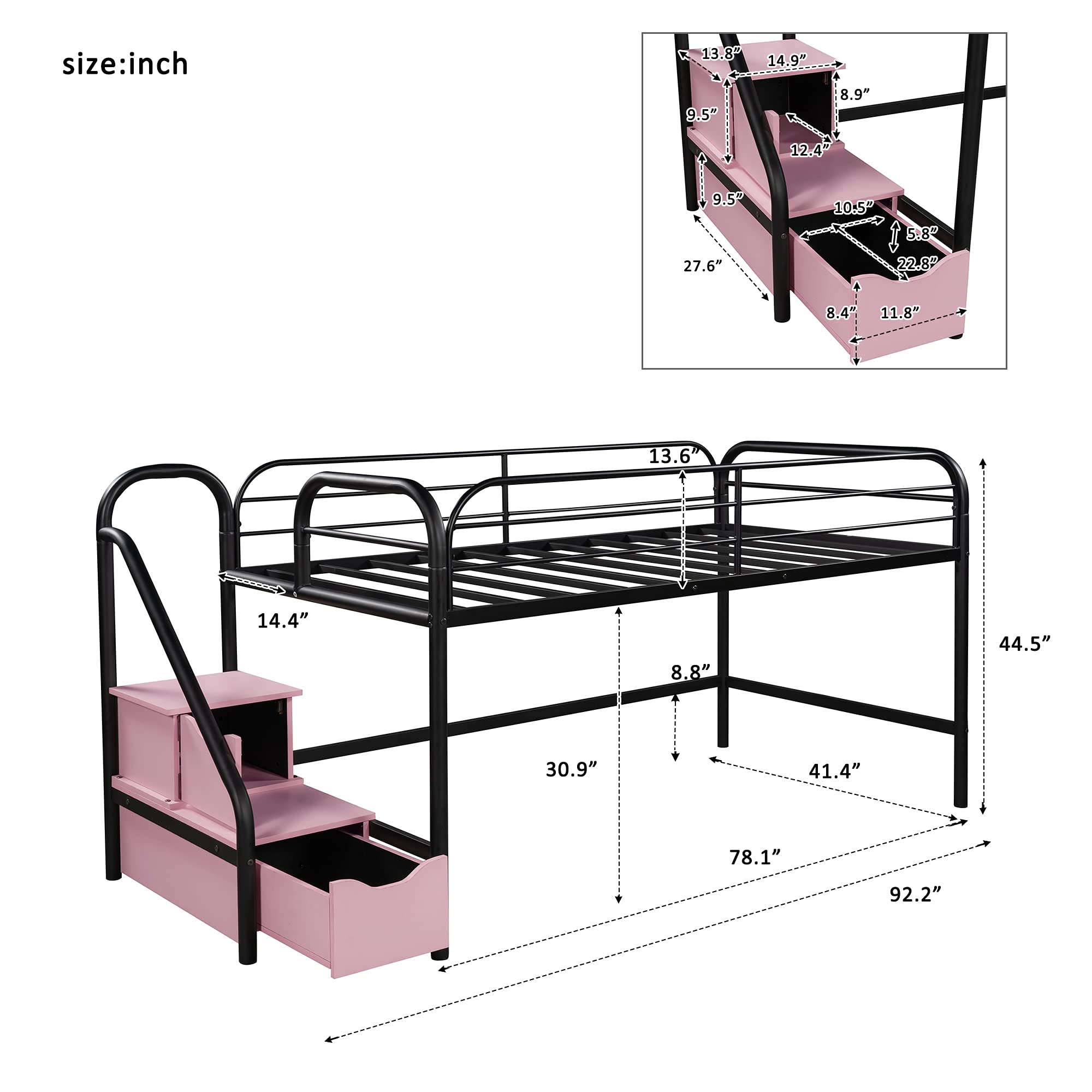 **Low Loft Twin Bed for Kids & Teens - Metal Loft Bed with 2 Storage Steps, No Box Spring Needed, Space-Saving Design - Pink, White, Blue - Perfect for Small Rooms, Dorms & Apartments**