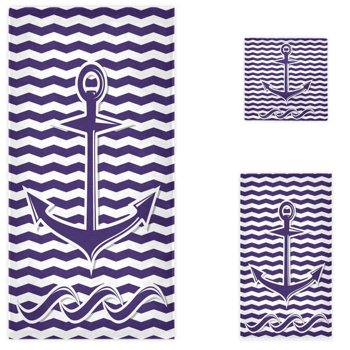 Luxury Soft Chevron Anchor Pattern Bath Towel Set - 1 Bath Towel, 1 Hand Towel, 1 Washcloth - Premium Decorative 3-Piece Towel Set for Bathroom, Hotel, Gym, Spa & Kitchen - Absorbent & Quick-Drying for Everyday Use & Guest Bathrooms