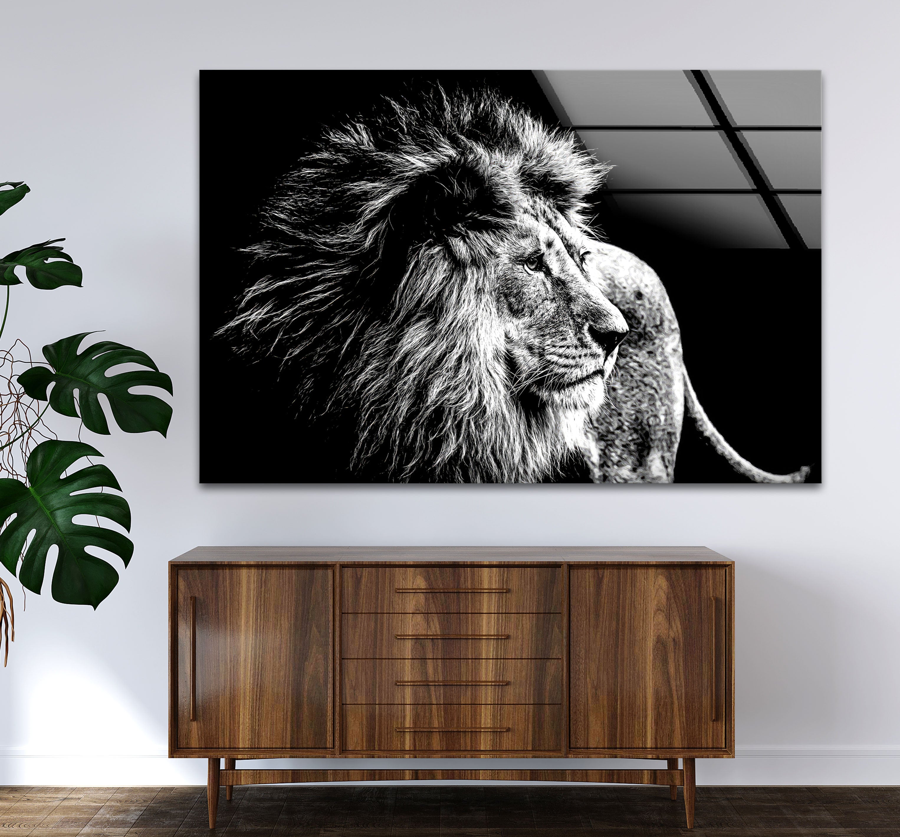 Majestic Black and White Lion Wall Art - Premium Wildlife Glass Print for Living Room, Office & Home Decor | Safari Animal Theme Artwork