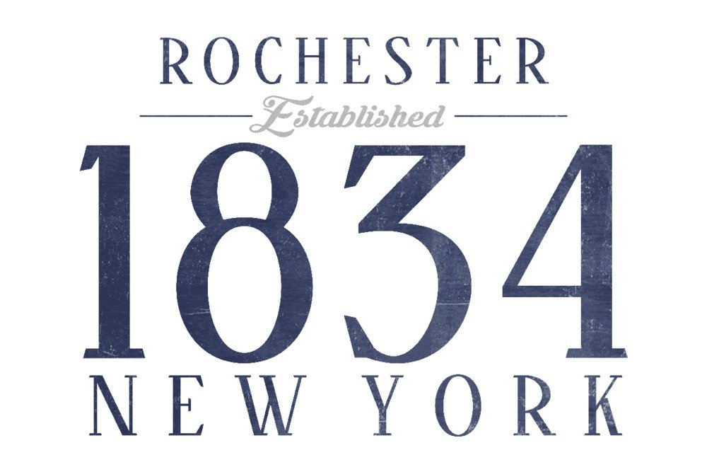 Vintage Rochester, New York Established Date Blue 24x36 Art Print - Signed Wall Decor Poster for Home, Office & Gift Giving | Historical City Map Artwork