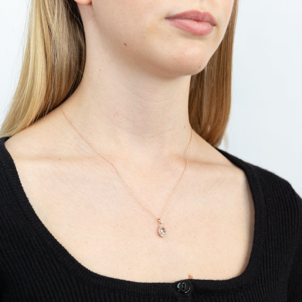 9ct Rose Gold Morganite Pear & 0.15ct Diamond Pendant Necklace - 45cm Chain for Women, Elegant Gift for Anniversary, Valentine's Day & Special Occasions