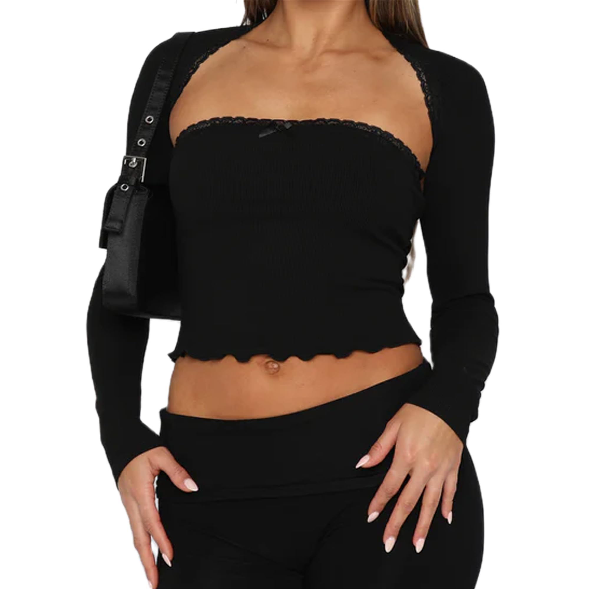 Y2K Women's Bolero Crop Top & Tube Top 2-Piece Set - Slim Fit Long Sleeve Shrug & Sleeveless Tops for Spring Fall Streetwear | Perfect for Clubbing, Parties & Casual Outfits