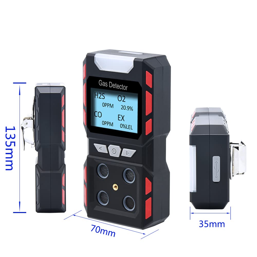 Portable 4-Gas Detector with Sound, Light & Vibration Alarms - Rechargeable Multi-Gas Monitor with LCD Backlight for Industrial Safety | Workplace, Confined Space & Hazardous Area Gas Detection