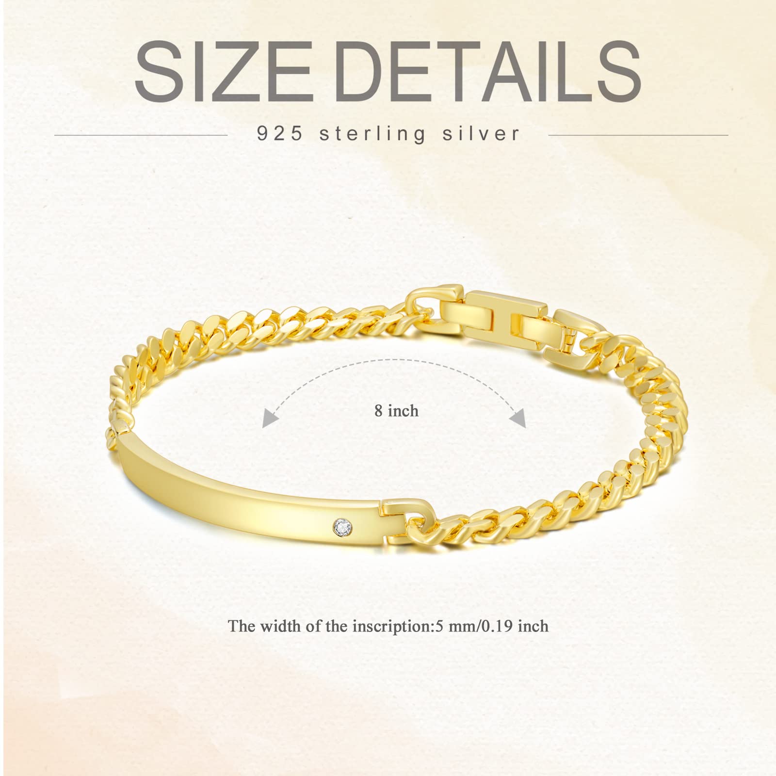 14K Yellow Gold Plated Sterling Silver Men's Diamond Bracelet - 5mm Link ID Chain, 8