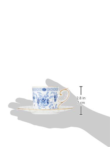 Narumi 9682-20894 Blue Floral Plum Blossom Coffee Cup and Saucer Set - 5.3 fl oz (160cc) - Japanese Porcelain Tea Cup Pair with Gift Box - Perfect for Wedding Gifts, Afternoon Tea, and Home Decor
