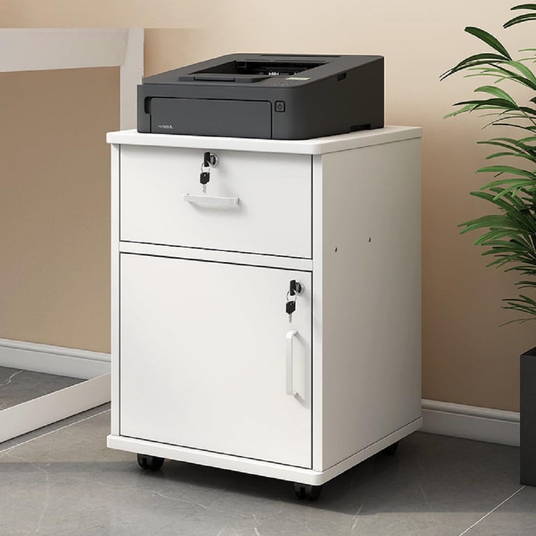 TrueyEssence 2-Tier Mobile File Cabinet with Lock - Rolling Printer Stand, Under Desk Storage Organizer, Letter Filing Cabinet (15.7x15.7x21.7 Inches, White) - Perfect for Home Office, Small Spaces & Document Organization