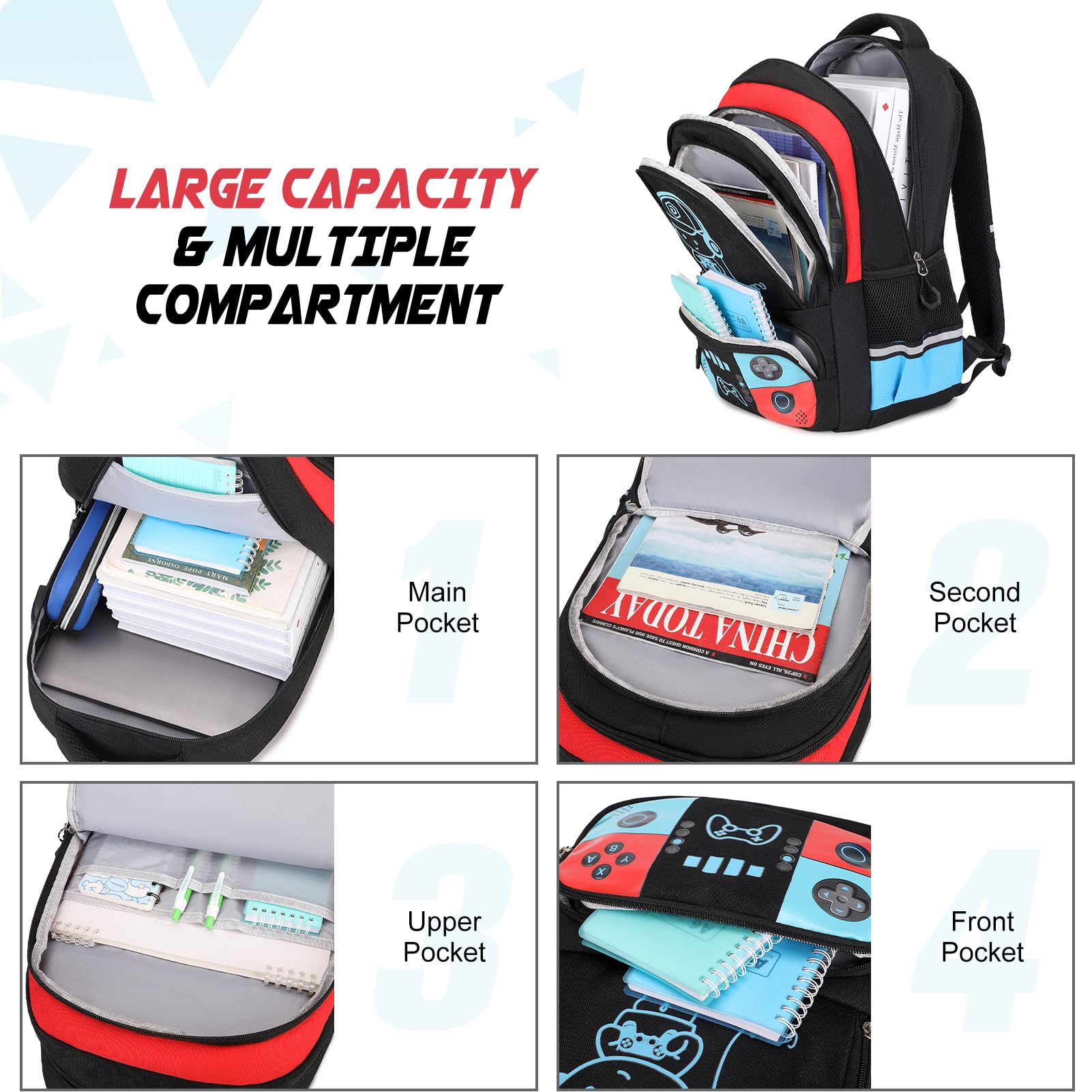 Bevalsa Luminous Gamer Backpack for Boys - Waterproof School Backpack with Lunch Box & Pencil Pouch Set - Perfect for School, Travel, and Gaming Conventions