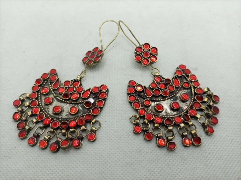 Handmade Kuchi Afghan Tribal Dangle Earrings for Women - Glass Stone Beaded Statement Jewelry | Traditional Indian & Gypsy Style Accessories | Perfect for Festivals, Weddings & Boho Fashion