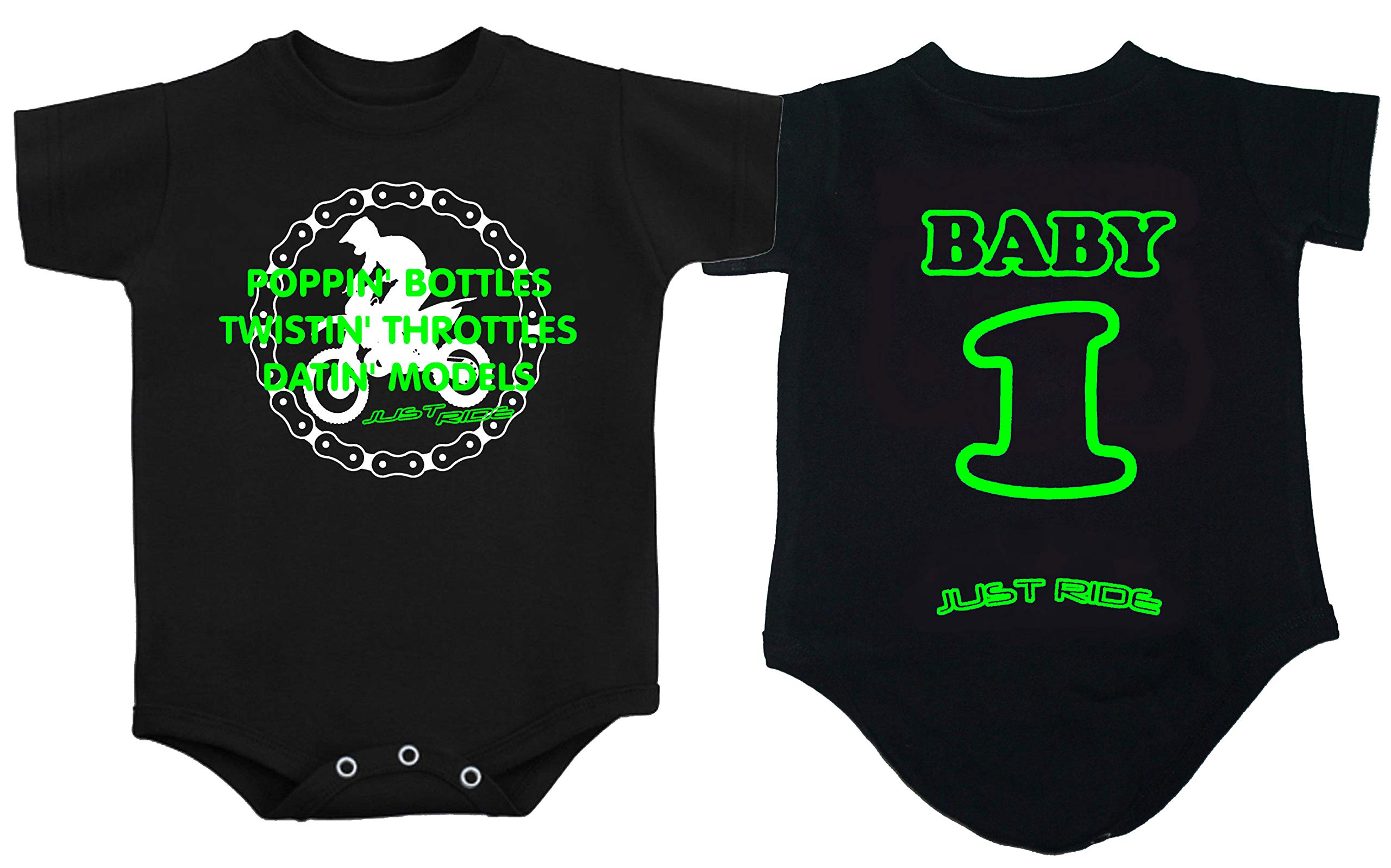 Custom Black Motocross Baby Onesie - JUST RIDE Poppin' Bottles Design for Infants | Motorcycle-Themed Creeper Outfit for Boys & Girls | Perfect for Biker Families, Photo Shoots & Special Occasions