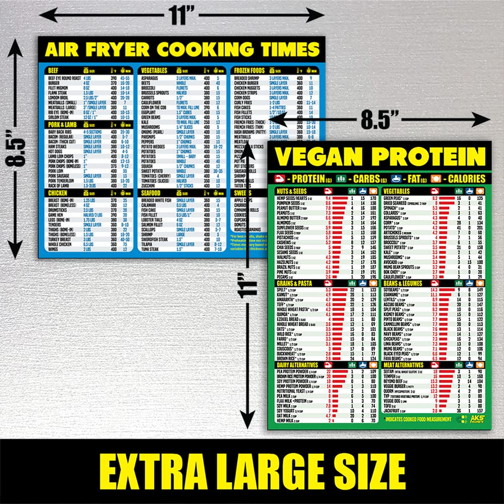 Air Fryer Cooking Times & Vegan Protein Magnetic Cheat Sheet Bundle - XL Easy Read Kitchen Reference Guide for Healthy Cooking | Perfect for Vegan Meal Prep & Air Fryer Recipes