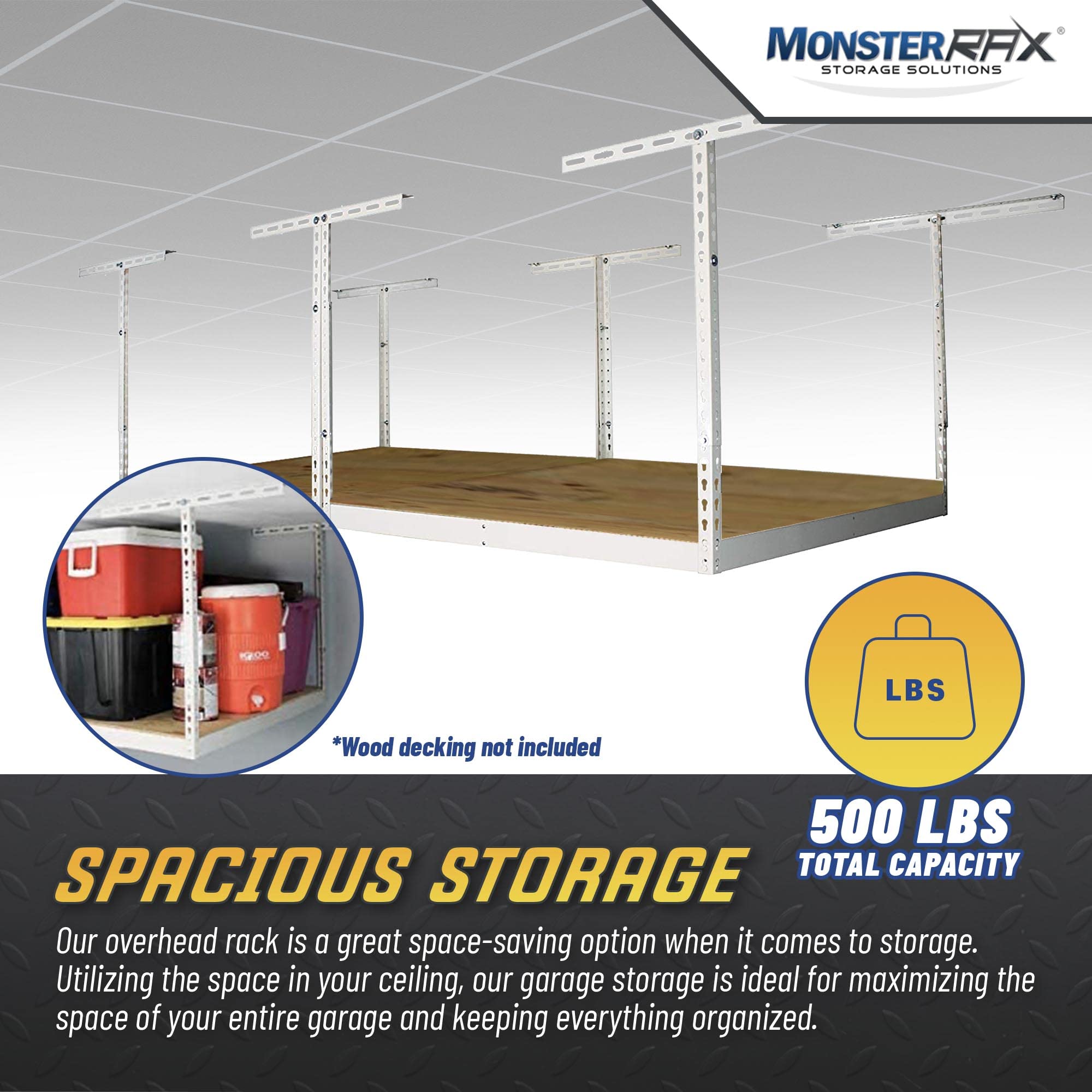 MonsterRax Overhead Storage Rack Kit - Heavy Duty Hanging Shelves for Garage, Attic & Basement Organization - White, 18