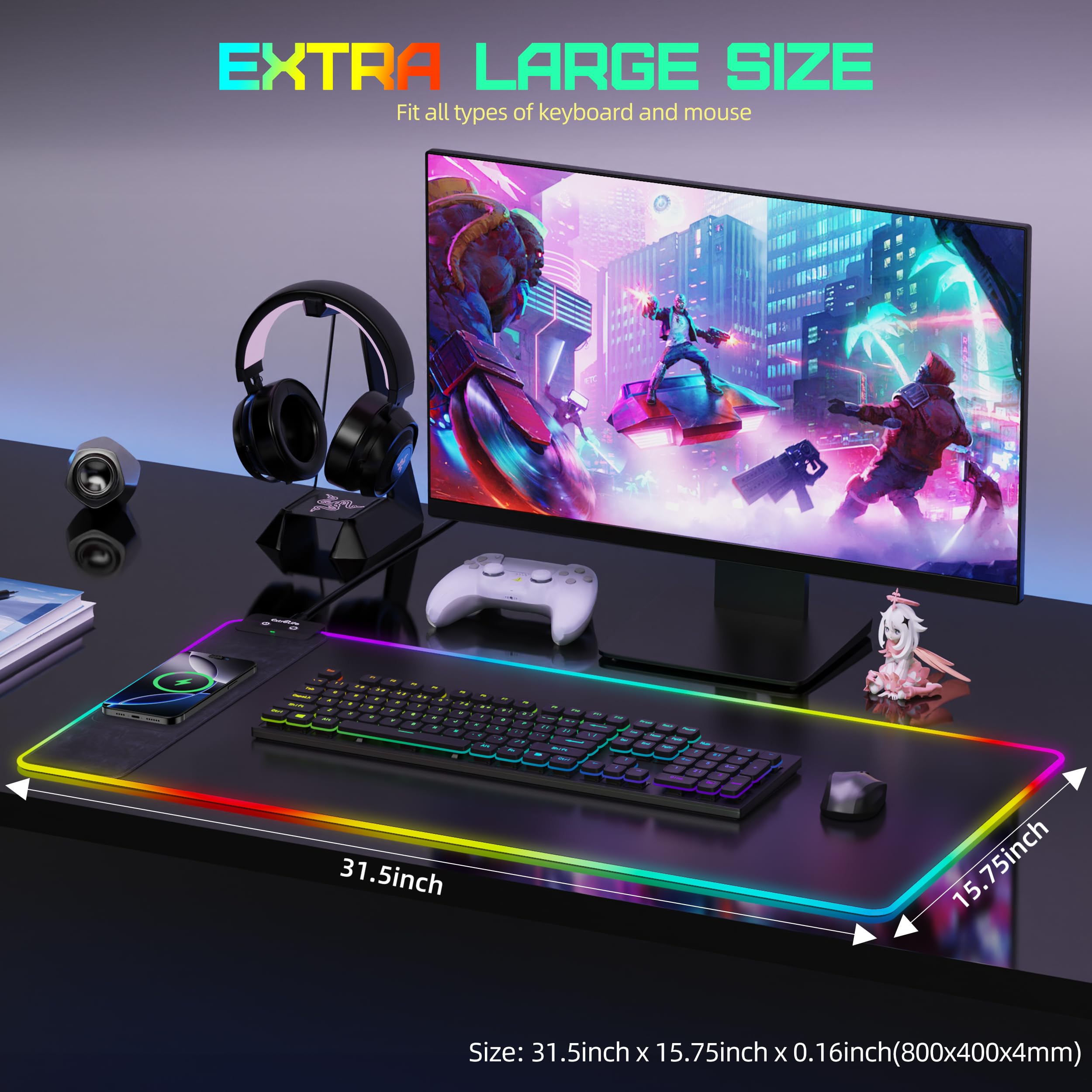 Wireless Charging RGB Gaming Mouse Pad - Large 800x400x4mm Ultra-Smooth Non-Slip Desk Mat with Waterproof Surface for PC, Office & Gaming Setup - Perfect for Esports, Work & Home Computer Use