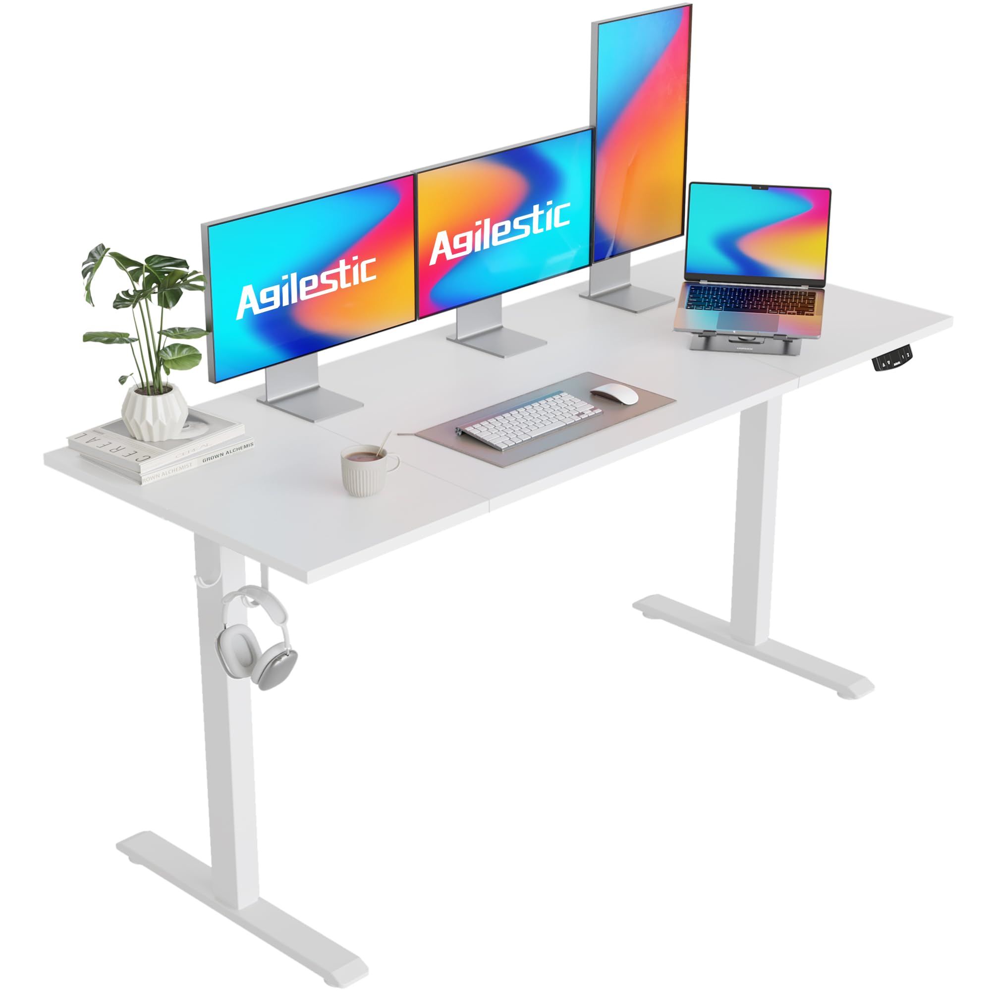 Agilestic Electric Standing Desk 63 x 24 Inches - Height Adjustable Sit Stand Desk for Home Office, White Splice Board - Perfect for Remote Work, Gaming & Study Setup