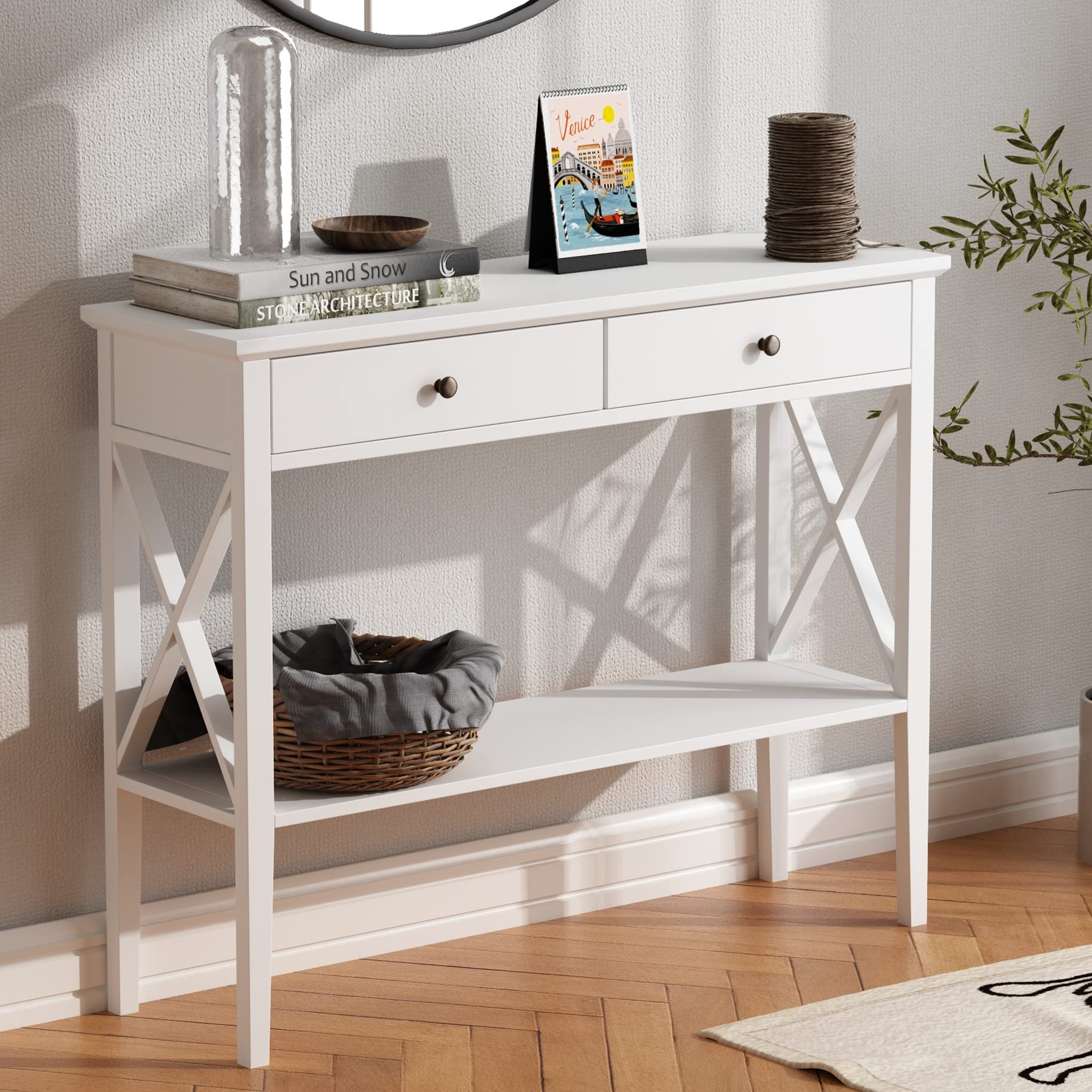 ChooChoo Narrow Console Table with Drawers - White Wooden Sofa Table for Entryway, Hallway & Living Room - Storage Shelf & Accent Design - Perfect for Small Spaces, Home Decor & Apartment Furnishing