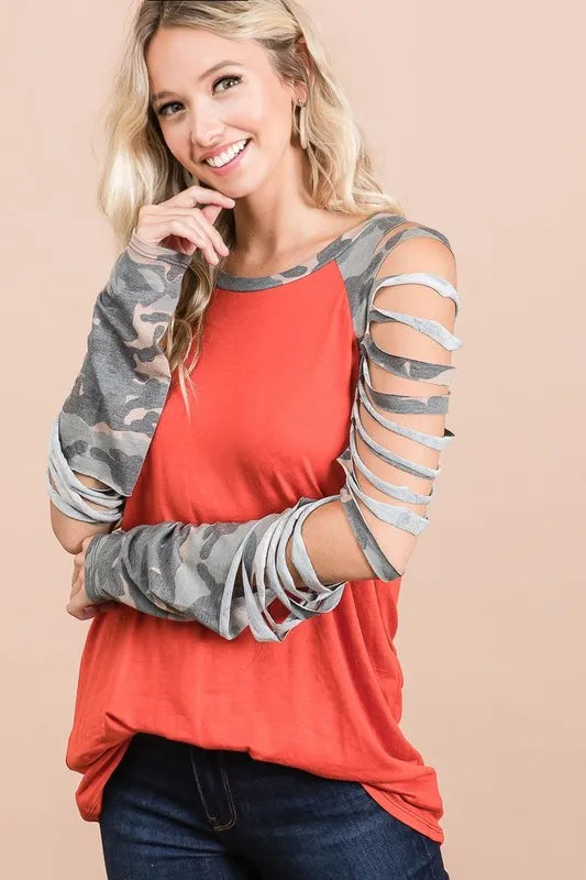 BiBi Jersey Knit Top with Camouflage Laser Cut Sleeves - Women's Fashion Casual T-Shirt for Streetwear & Everyday Outfits