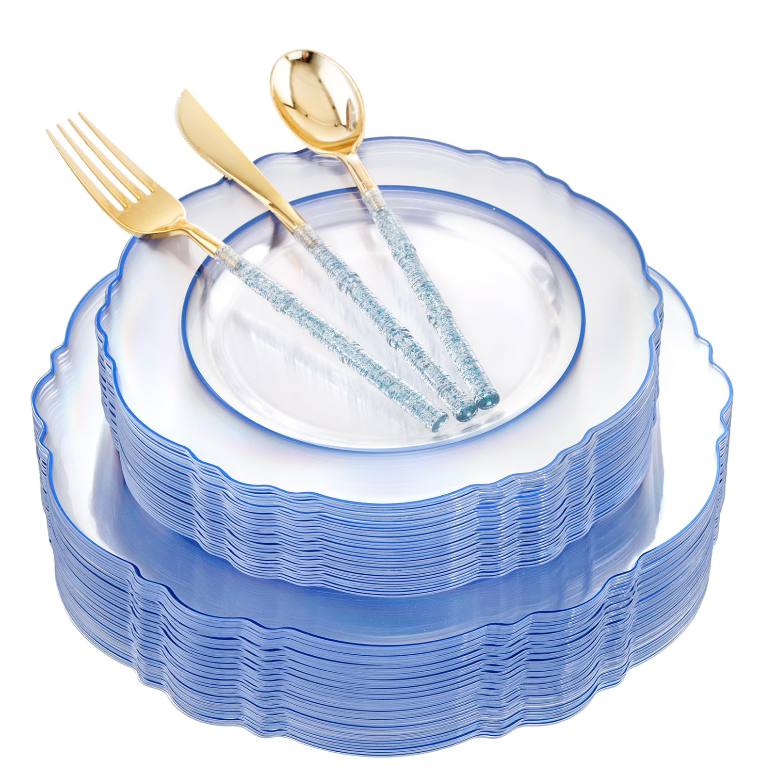 Liacere 150-Piece Clear Blue Plastic Plates Set with Glitter Bamboo Cutlery - Elegant Baroque Disposable Plates (60) & Utensils (30 Forks, 30 Spoons, 30 Knives) for Wedding, Party, Picnic, Summer BBQ and Outdoor Events