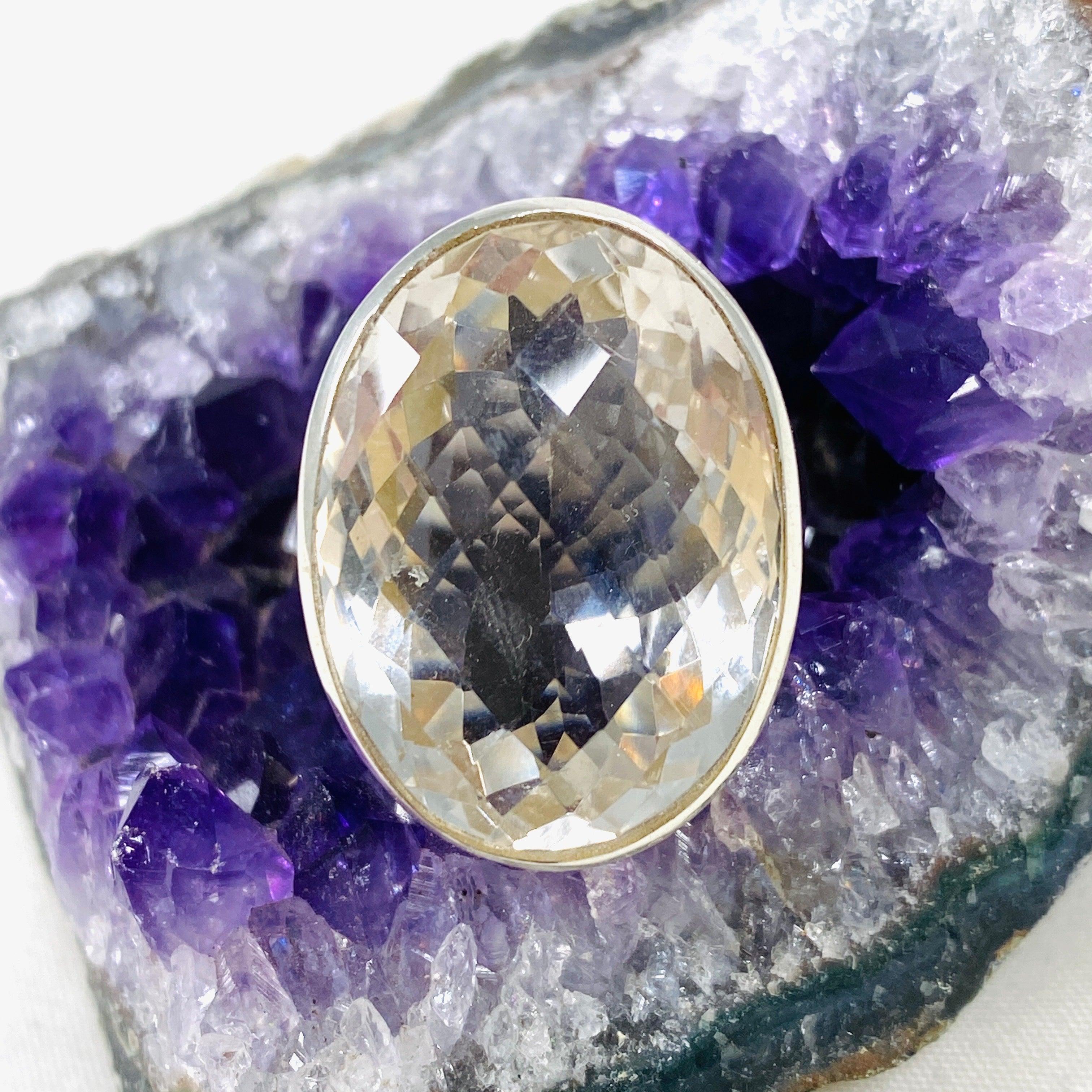 Natural Clear Quartz Oval Faceted Ring - Size 10 Sterling Silver - PRGJ382 - Perfect for Meditation, Healing & Spiritual Jewelry