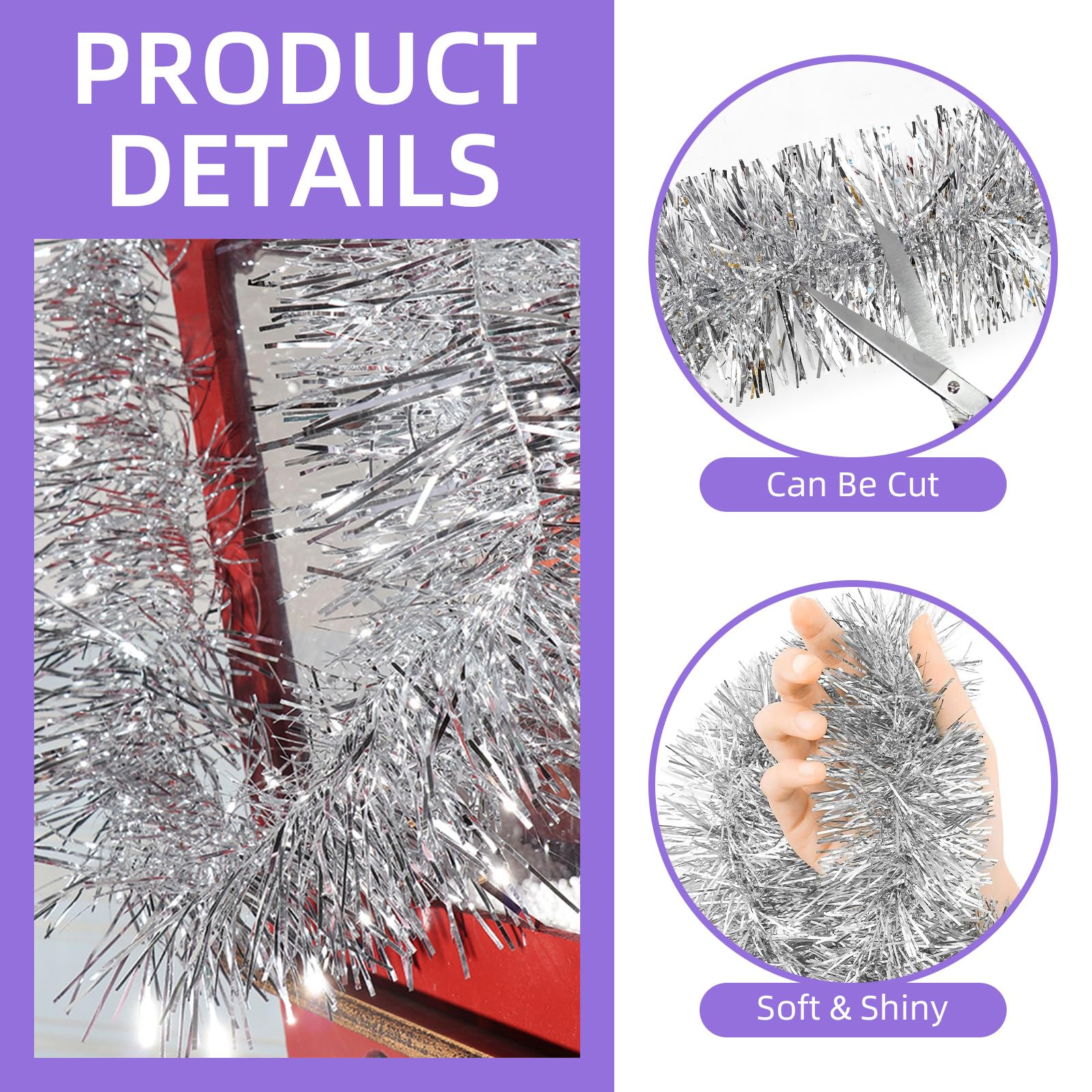 50 Feet Silver Tinsel Garland - Metallic Christmas Tree Decorations, Holiday Party Streamers & Wall Hanging Banner for Xmas, Birthday, Wedding, Home Decor (3.54
