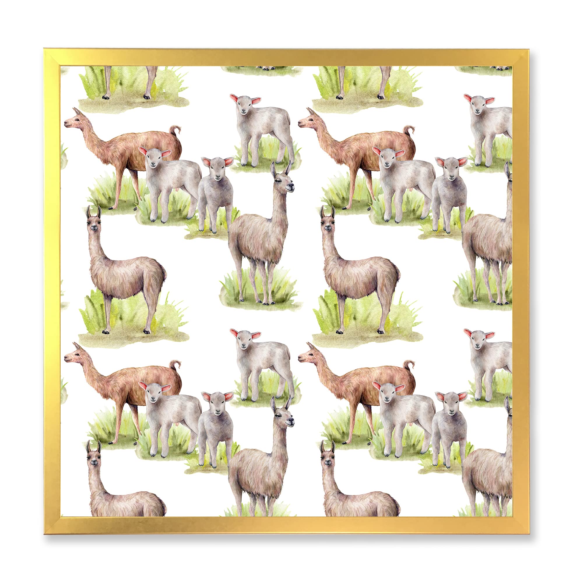 DesignQ Lamas and Lambs On A Green Meadow Farmhouse Framed Wall Art - Rustic Countryside Decor for Living Room, Bedroom & Office