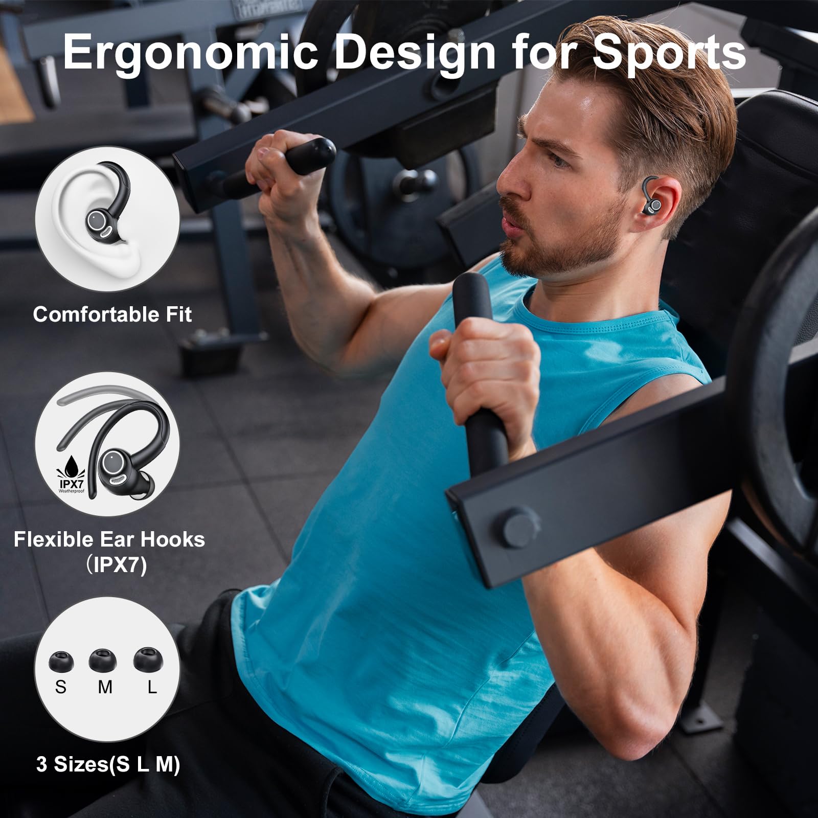 Wireless Bluetooth 5.3 Earbuds with Earhooks - 48H Playtime, Deep Bass Stereo Sound, HD Mic & IP7 Waterproof - Sport Headphones for Running, Workout, Gym, Travel & Daily Use