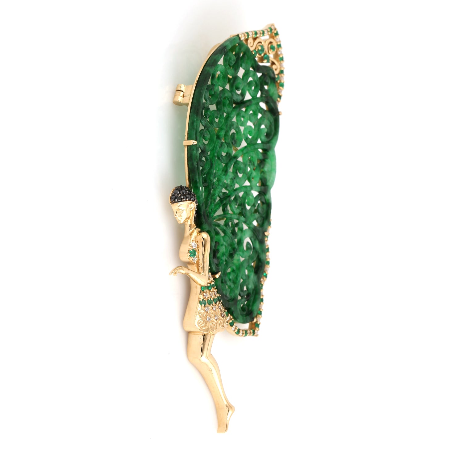 Exquisite 14K Gold Angel Brooch with Carved Jade, Emerald & Diamond Accents – Perfect for Weddings, Anniversaries & Special Occasions