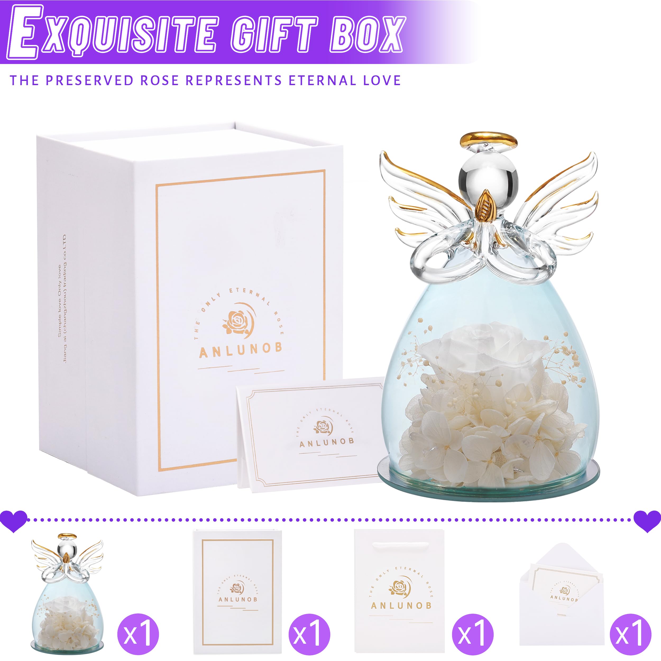 ANLUNOB Glass Angel with Rose Inside - Thoughtful Birthday Gift for Grandma & Mom, Anniversary, Wedding, Christmas, Thanksgiving, Mother's Day - Elegant White Rose Keepsake for Her - Perfect for Home Decor, Special Occasions & Heartfelt Moments