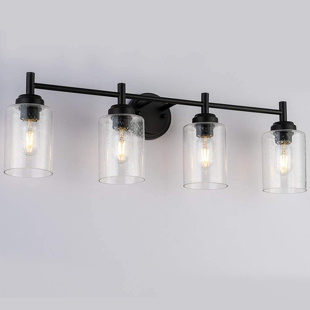 Berliget Black 4-Light Bathroom Vanity Lighting with Seeded Glass Shades - Farmhouse Wall Sconce in Antique Brass Finish - Perfect for Bathroom Mirror Lighting & Vintage Home Decor