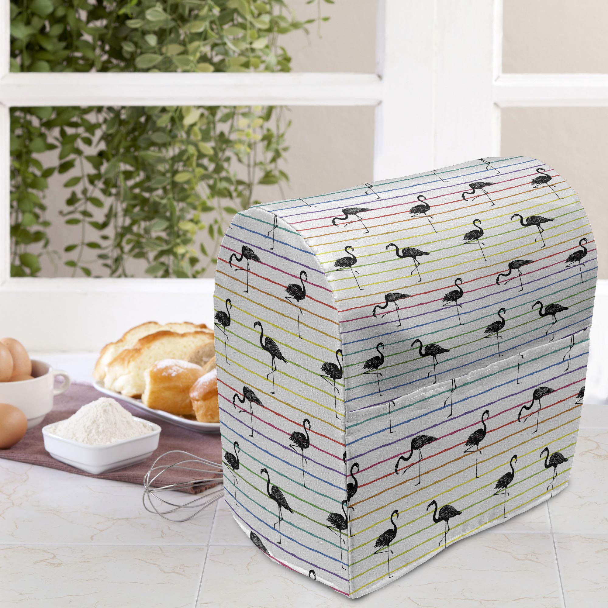 Ambesonne Flamingo Stand Mixer Cover - Exotic Birds Rainbow Gradient Stripes Kitchen Appliance Organizer with Pocket (Fits 6-8 Quarts) | Perfect for Tropical Themed Kitchens, Summer Baking & Home Decor